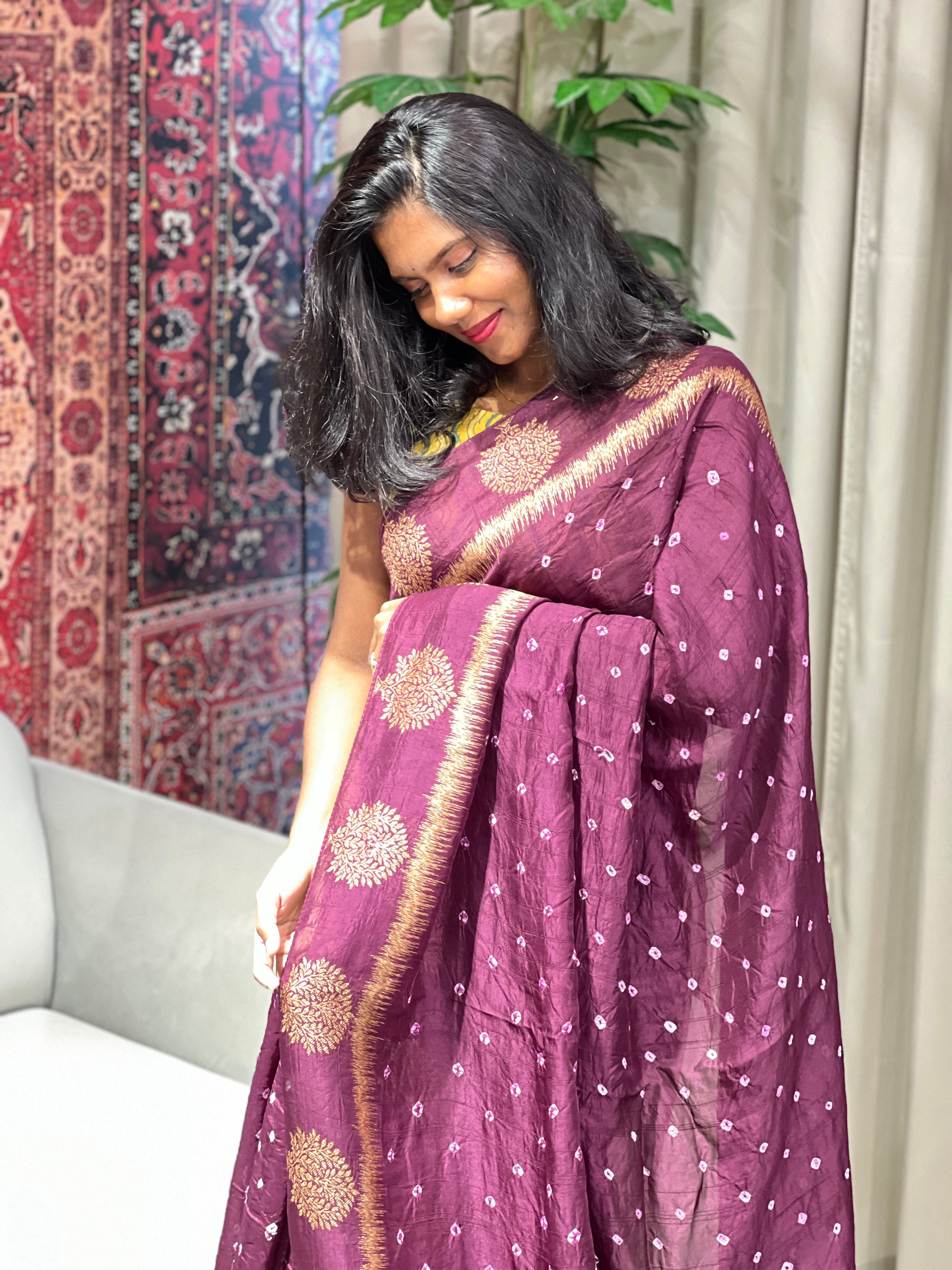 Bandhani Tie & Dye Patterned Banarasi Silk Saree | YNG655