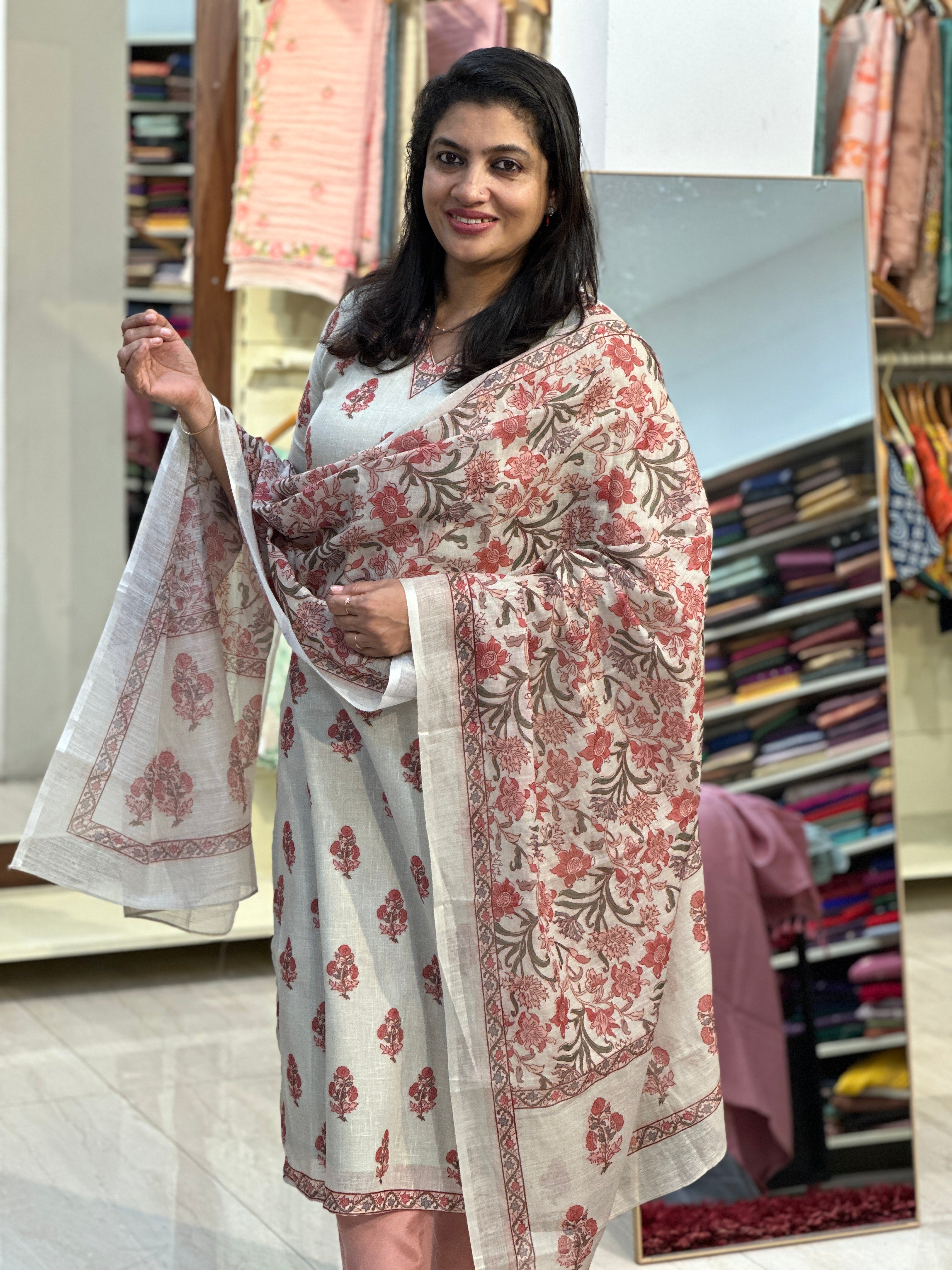 Floral Printed Linen-Cotton Unstitched Salwar Set (Without Bottom) | SSN482