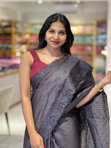 Machine Embroidery With Cutwork Detailed Silky Kota Saree | BLD1191