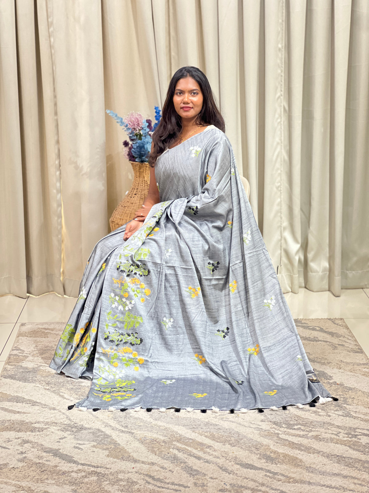 Floral Embroidered Semi Kathan Saree | NHH751