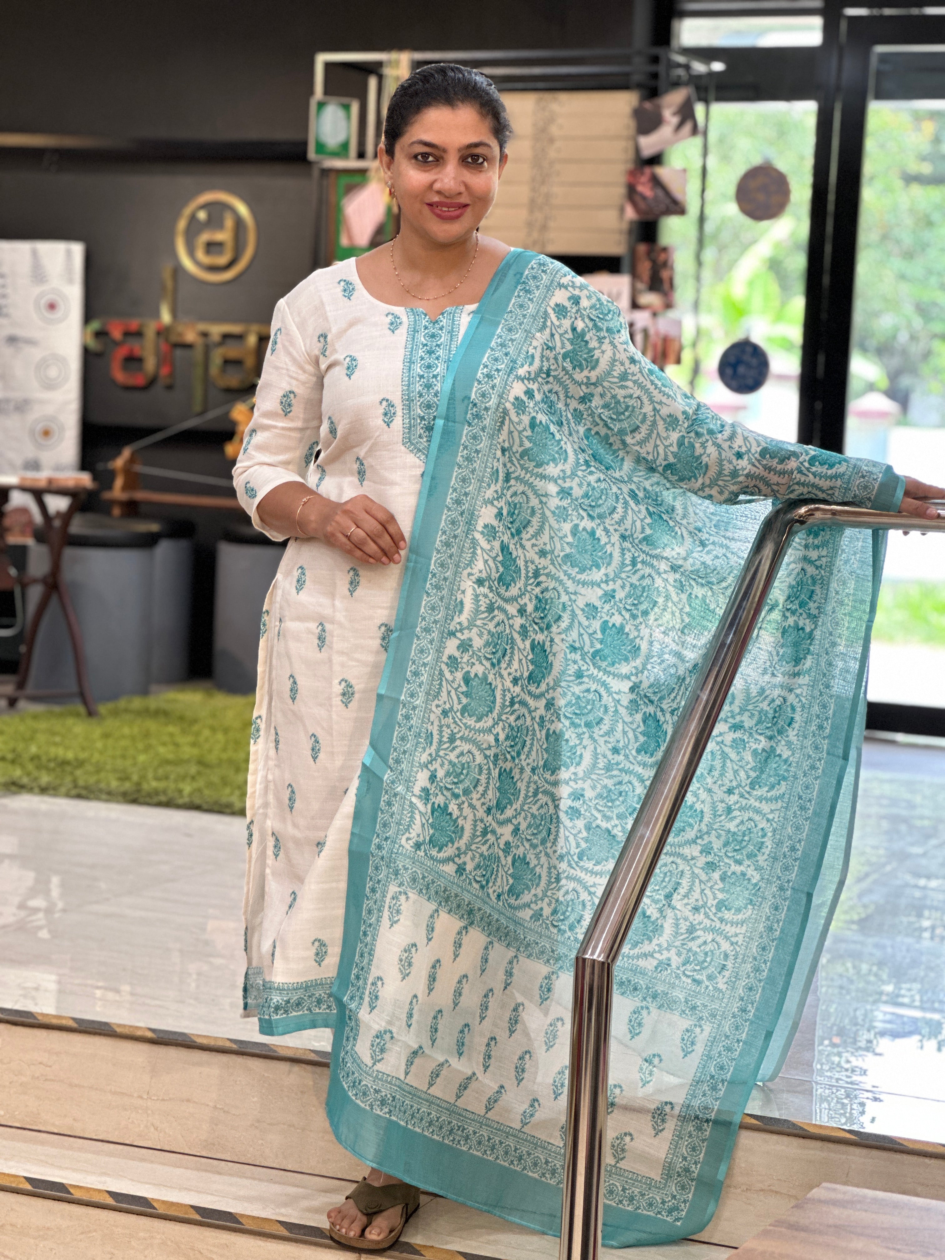 Floral Printed Linen-Cotton Unstitched Salwar Set (Without Bottom) | SSN481