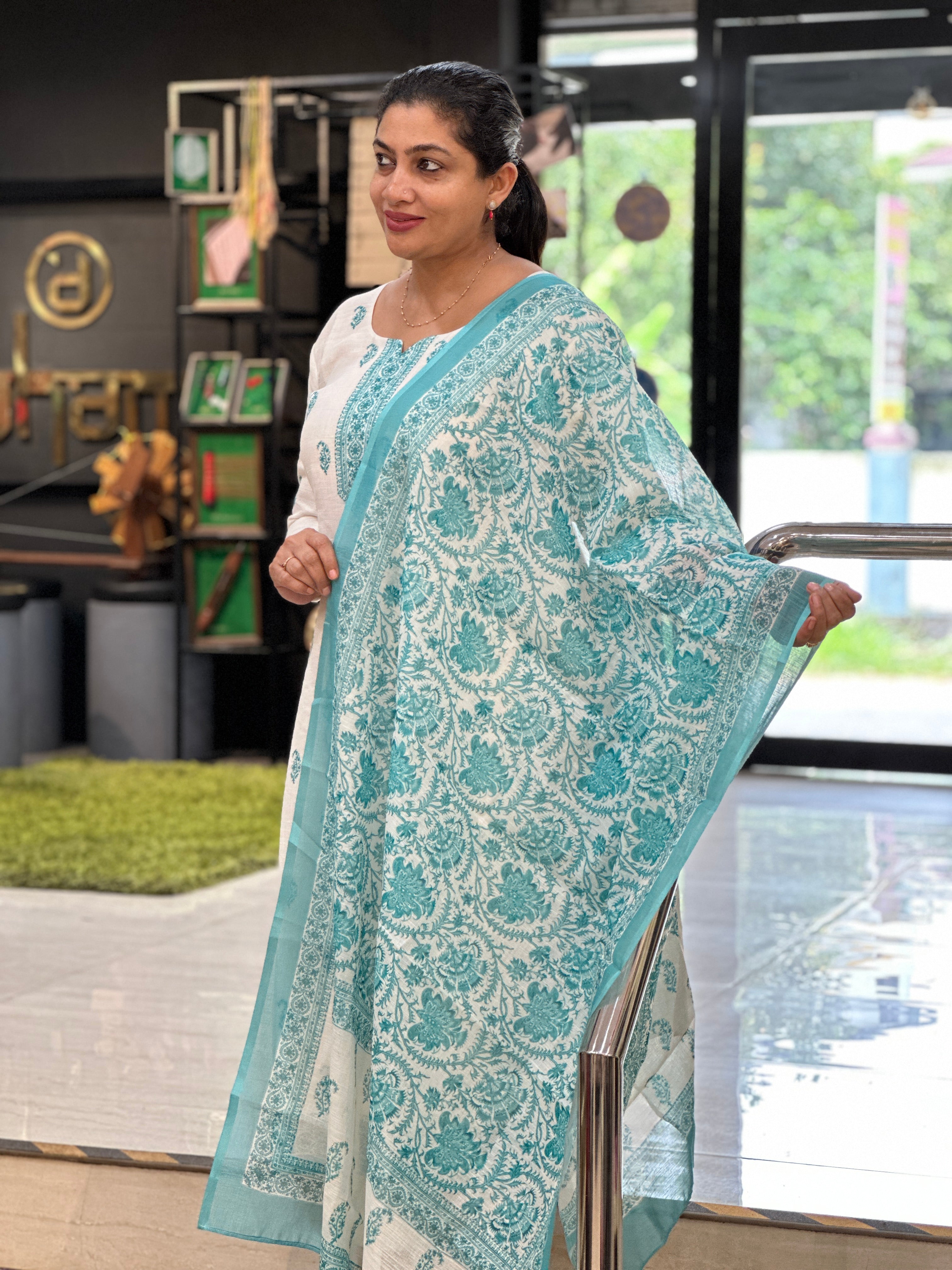 Floral Printed Linen-Cotton Unstitched Salwar Set (Without Bottom) | SSN481