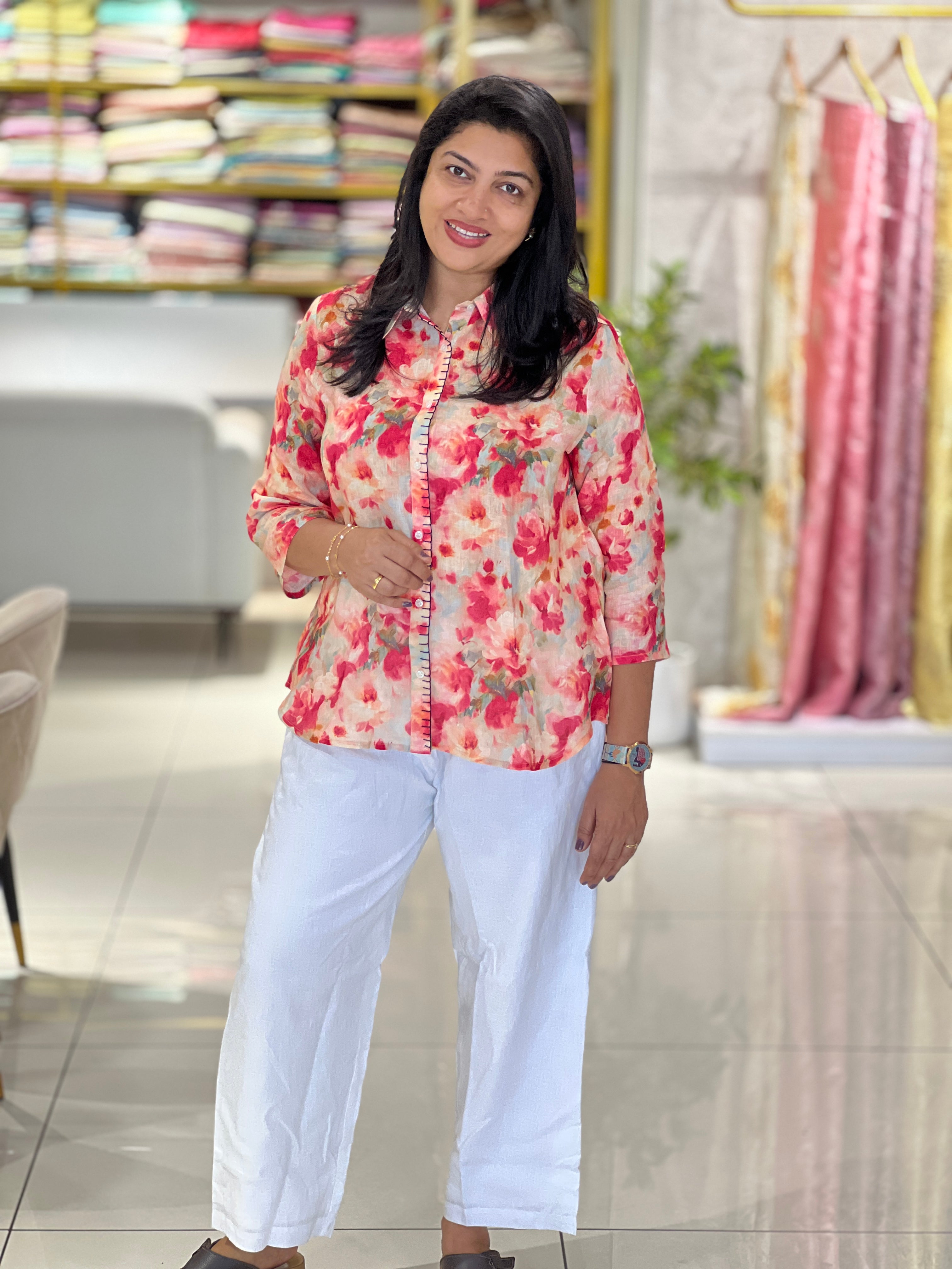 Floral Printed Shirt Pattern Pure Linen Kurta | RAG110