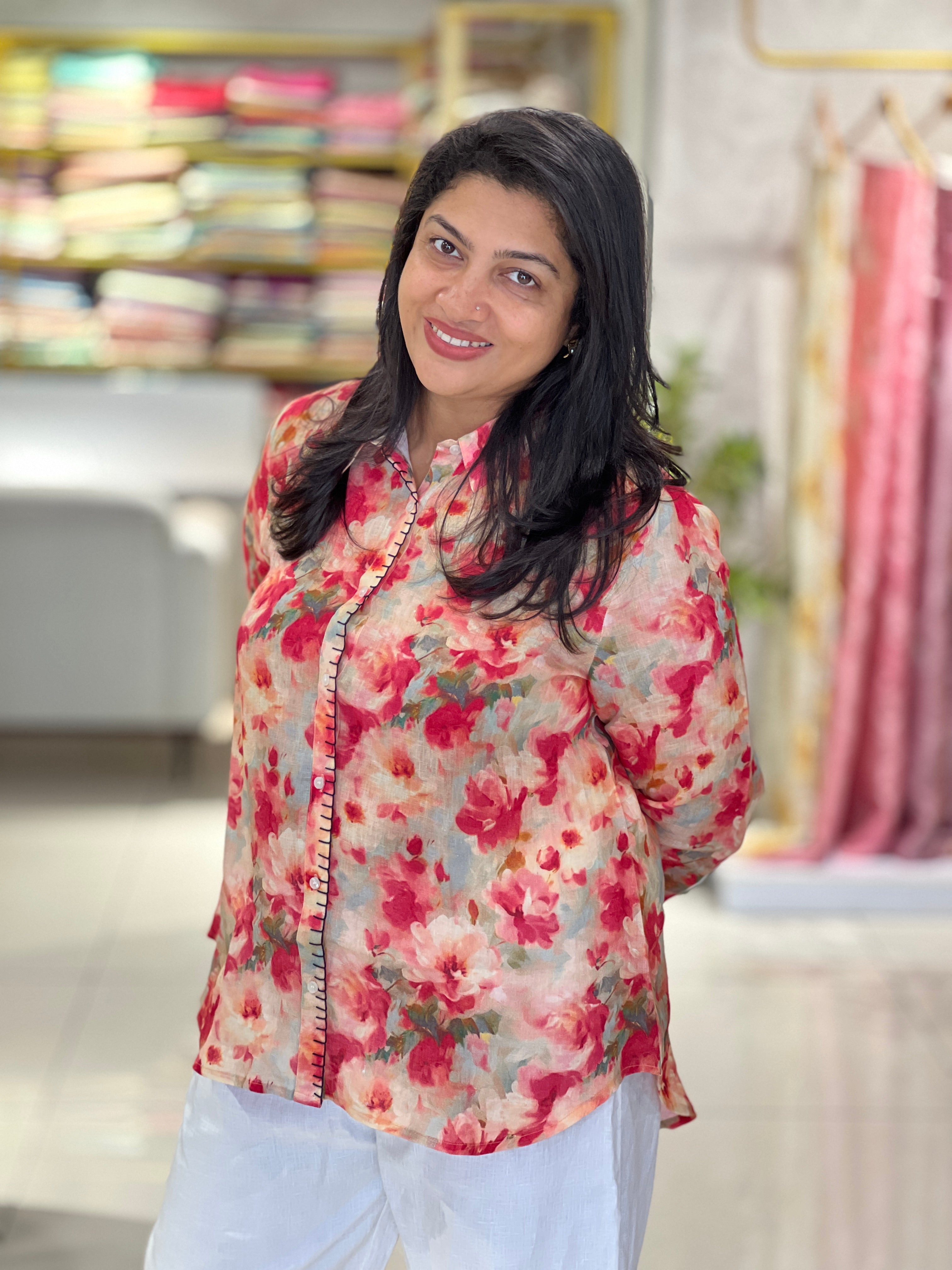 Floral Printed Shirt Pattern Pure Linen Kurta | RAG110
