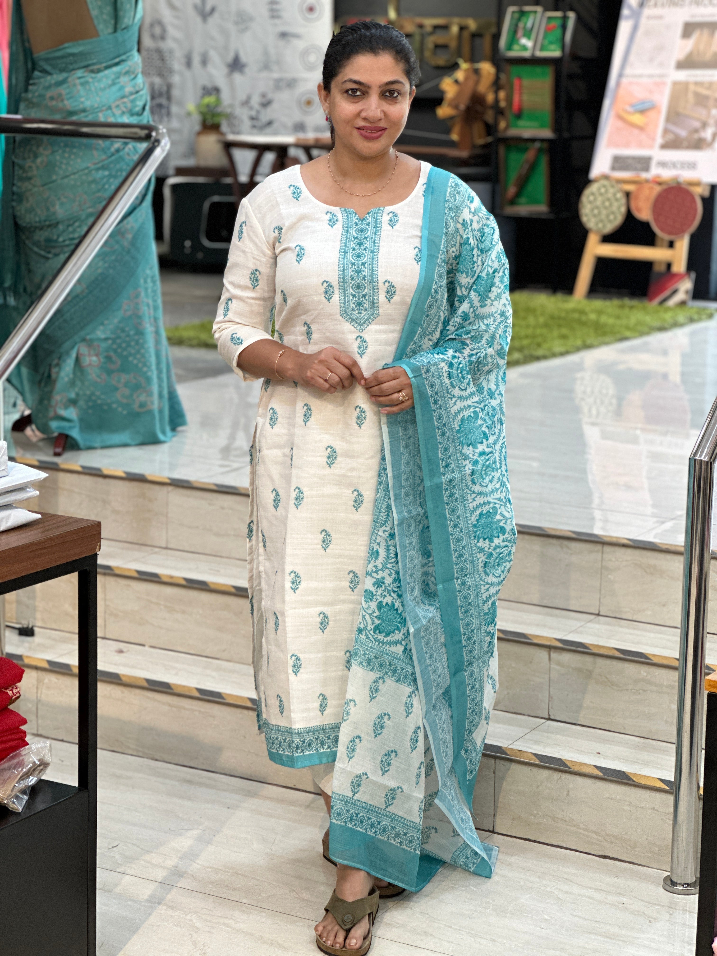 Floral Printed Linen-Cotton Unstitched Salwar Set (Without Bottom) | SSN481