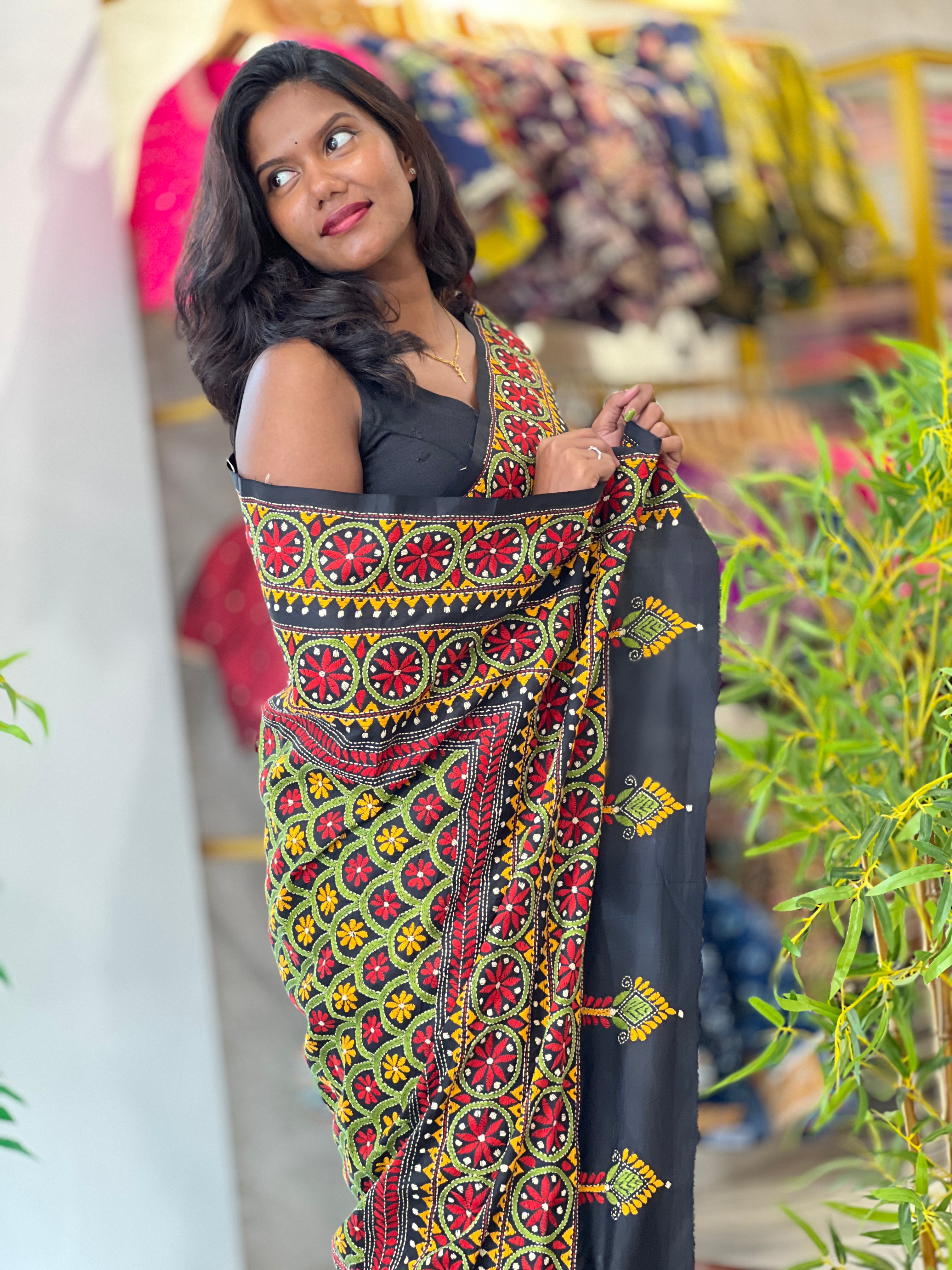 Kantha Embroidered Bangalore Silk Saree | AYD146