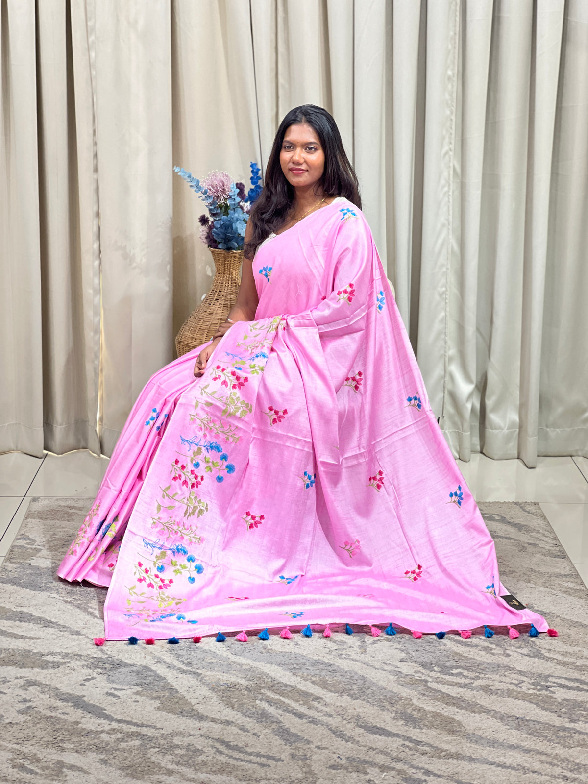 Floral Embroidered Semi Kathan Saree | NHH750