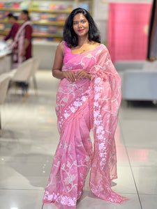 Floral Applique Work Detailed Organza Saree | MM140