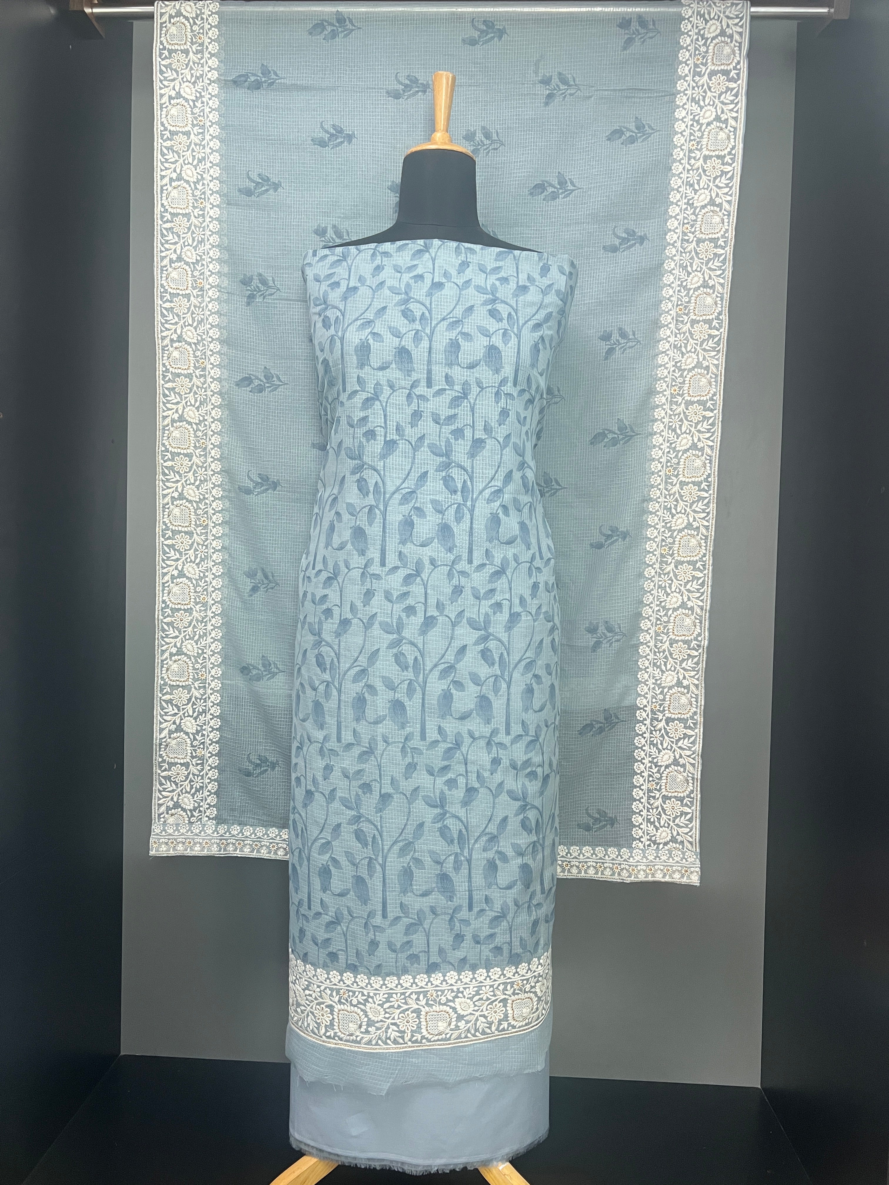 Print With Machine Embroidery Detailed Check Kota Salwar Set | HE161