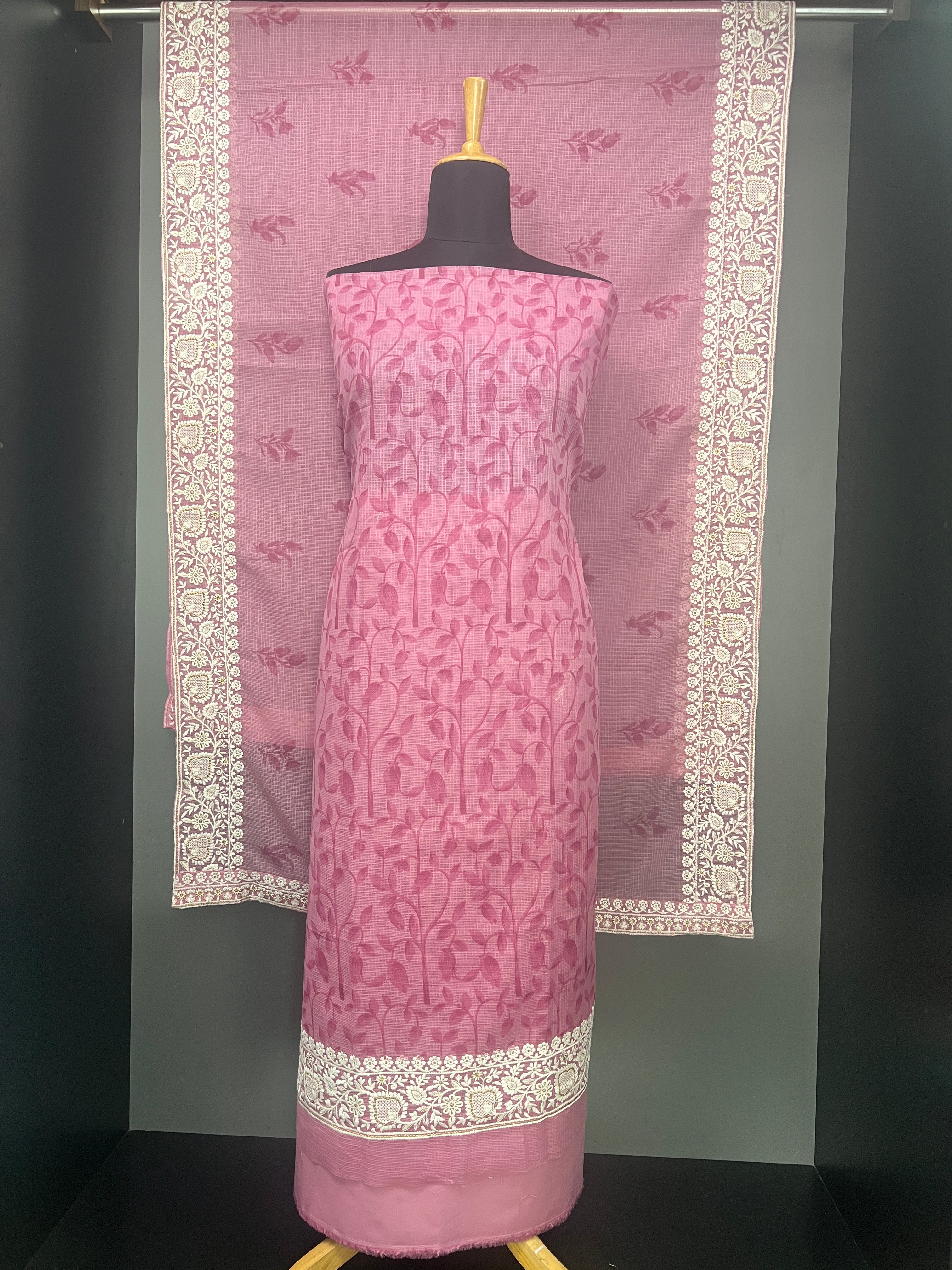 Print With Machine Embroidery Detailed Check Kota Salwar Set | HE163