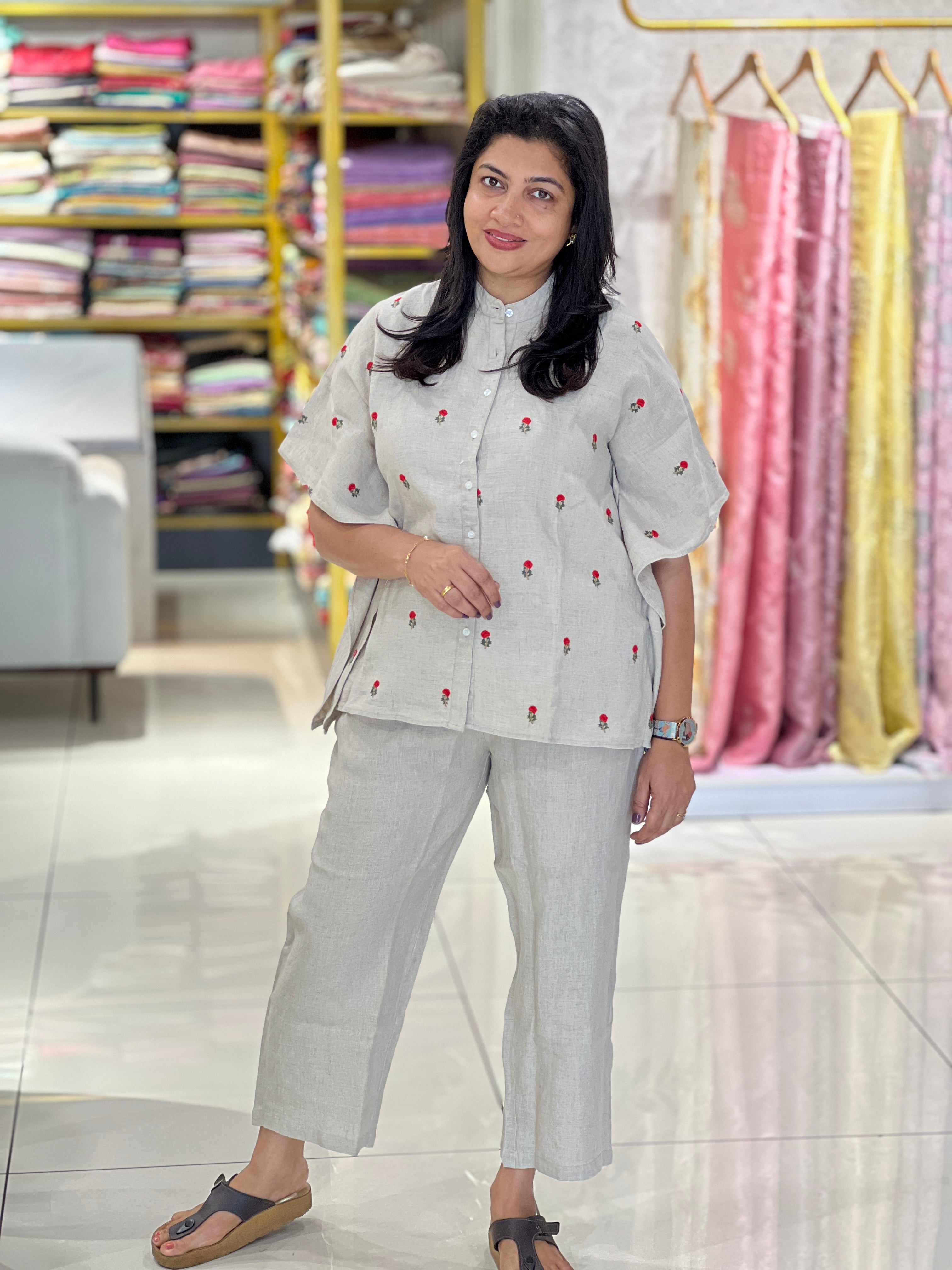 Machine Embroidery Detailed Pure Linen Cord Set | RAG114