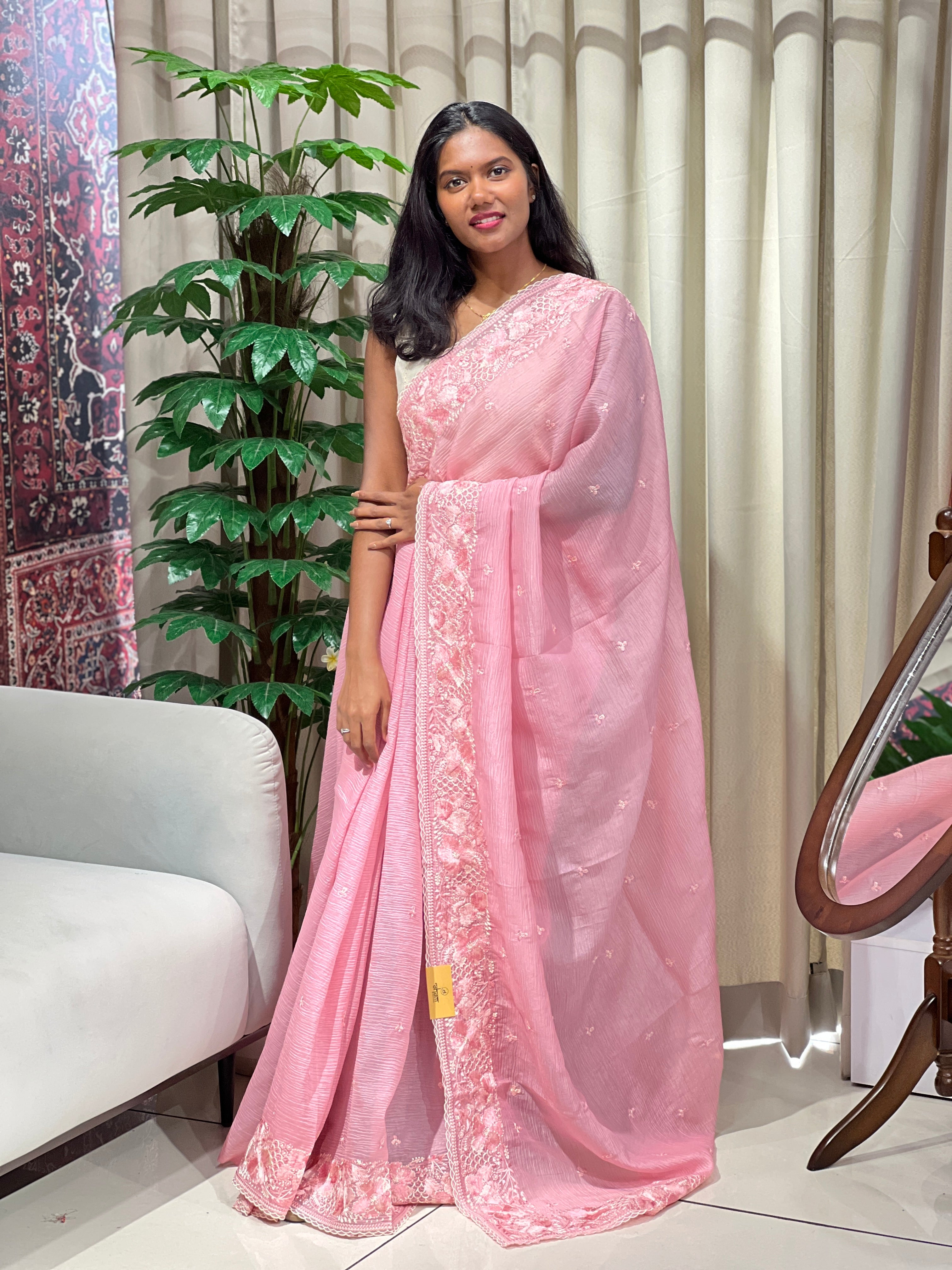 Floral Embroidery Detailed Crushed Shimmer Organza Saree | BLD2090