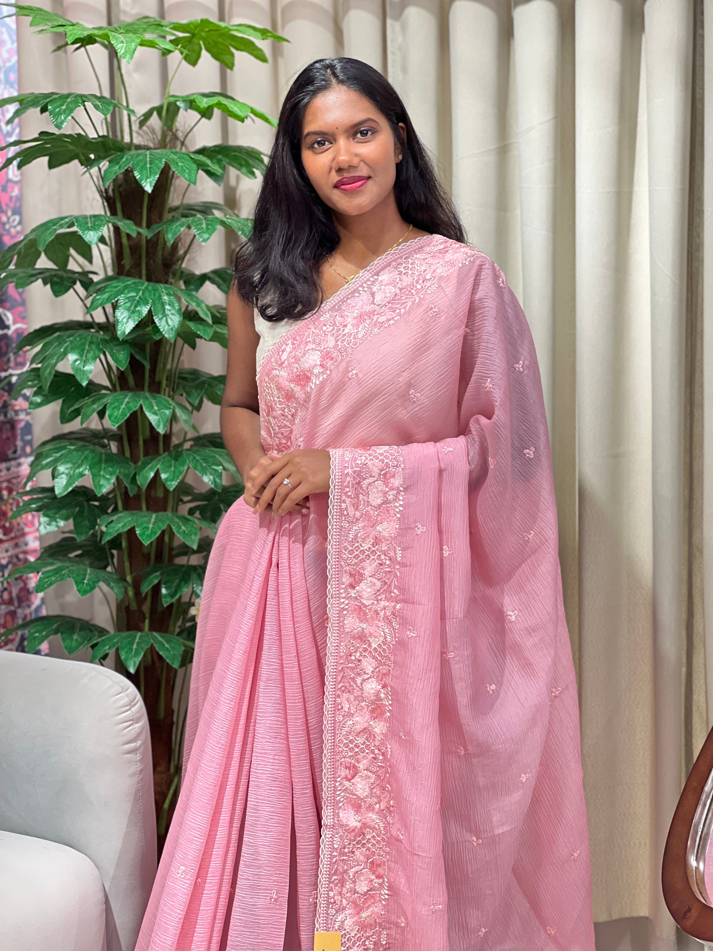 Floral Embroidery Detailed Crushed Shimmer Organza Saree | BLD2090