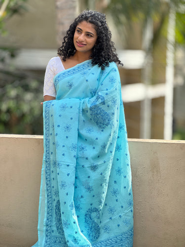 Traditional Chikankari Hand Embroidery Pattern Check Kota Saree | TOT110