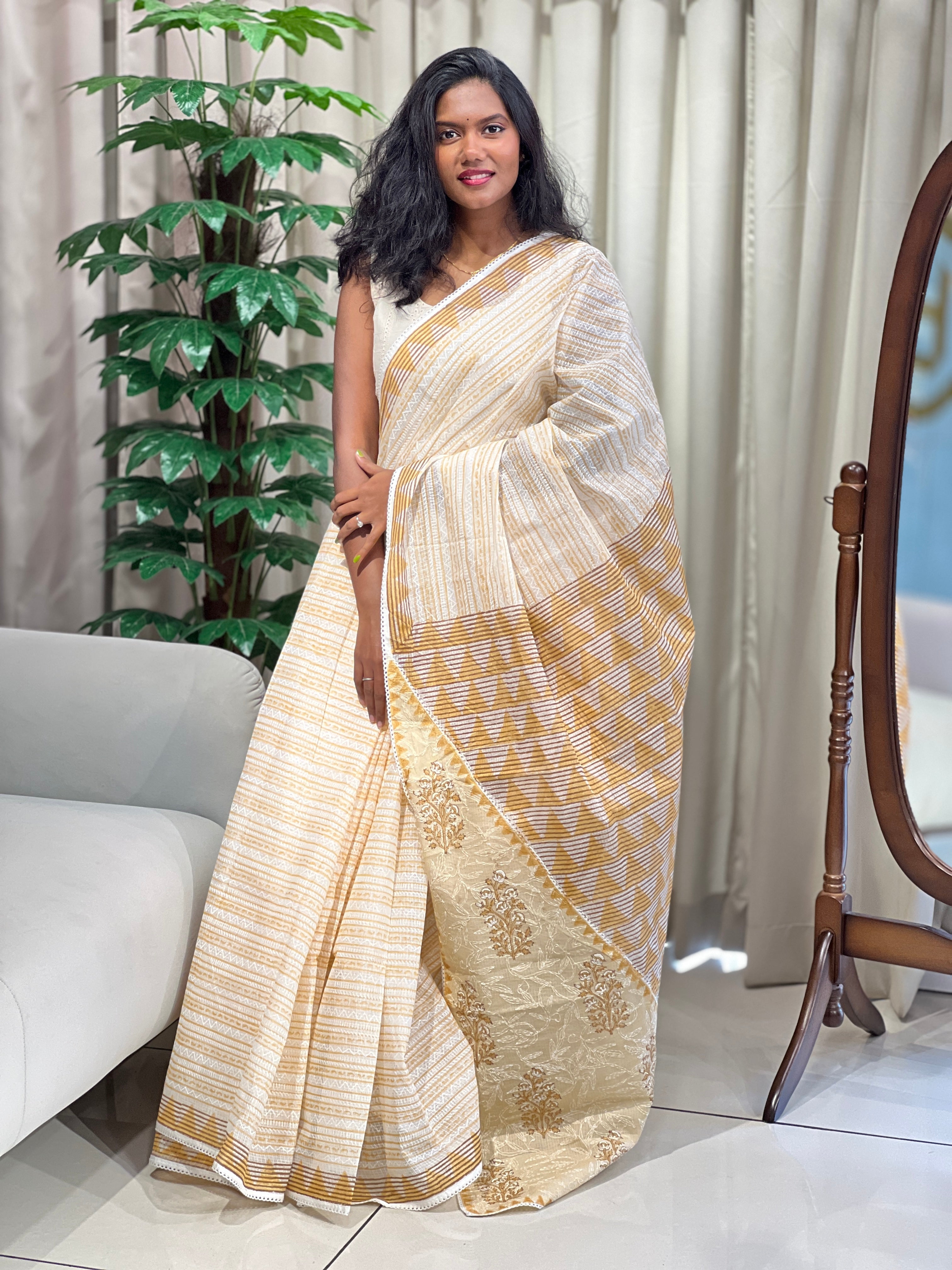 Block Printed Muga Check Organza Saree | PF1209