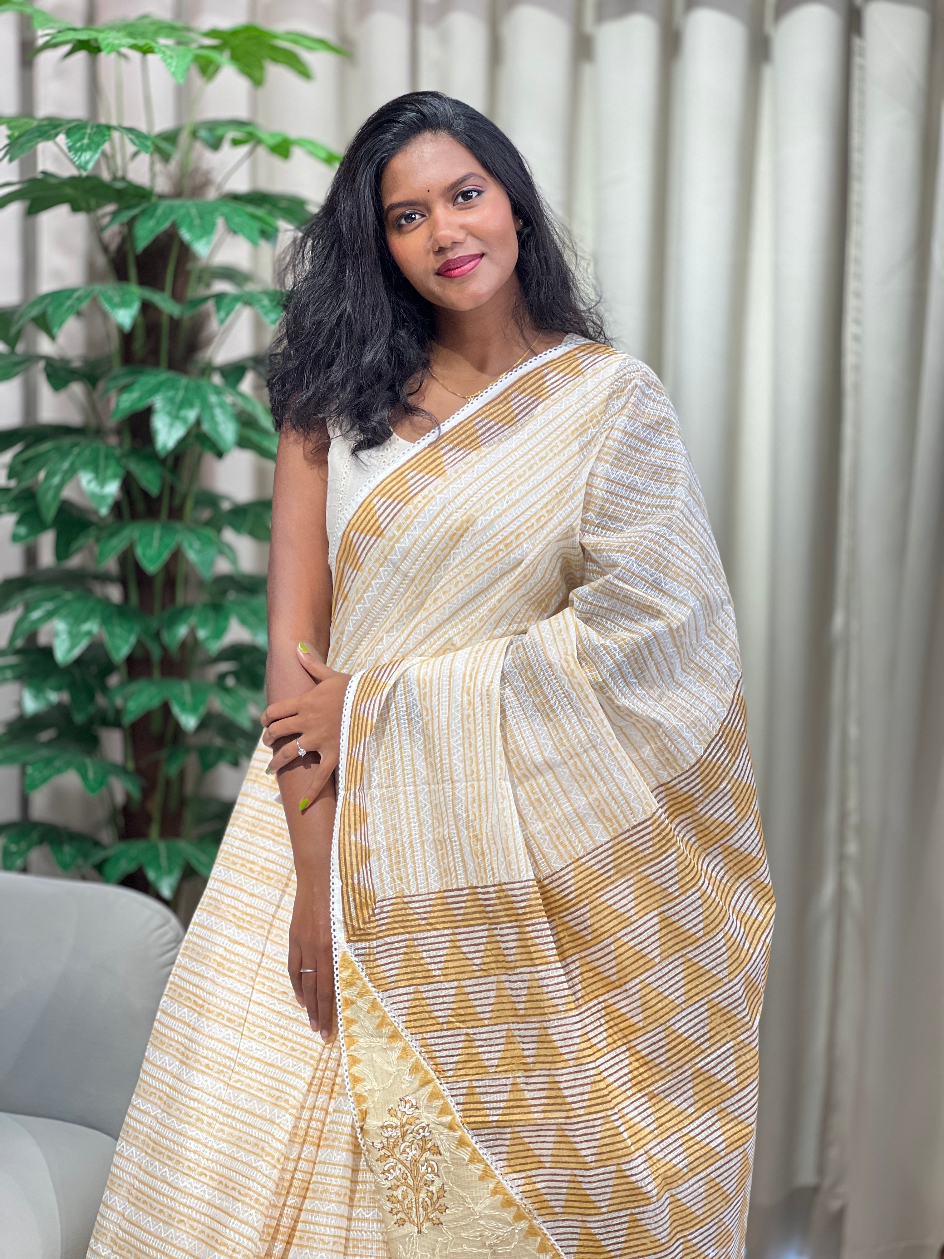 Block Printed Muga Check Organza Saree | PF1209