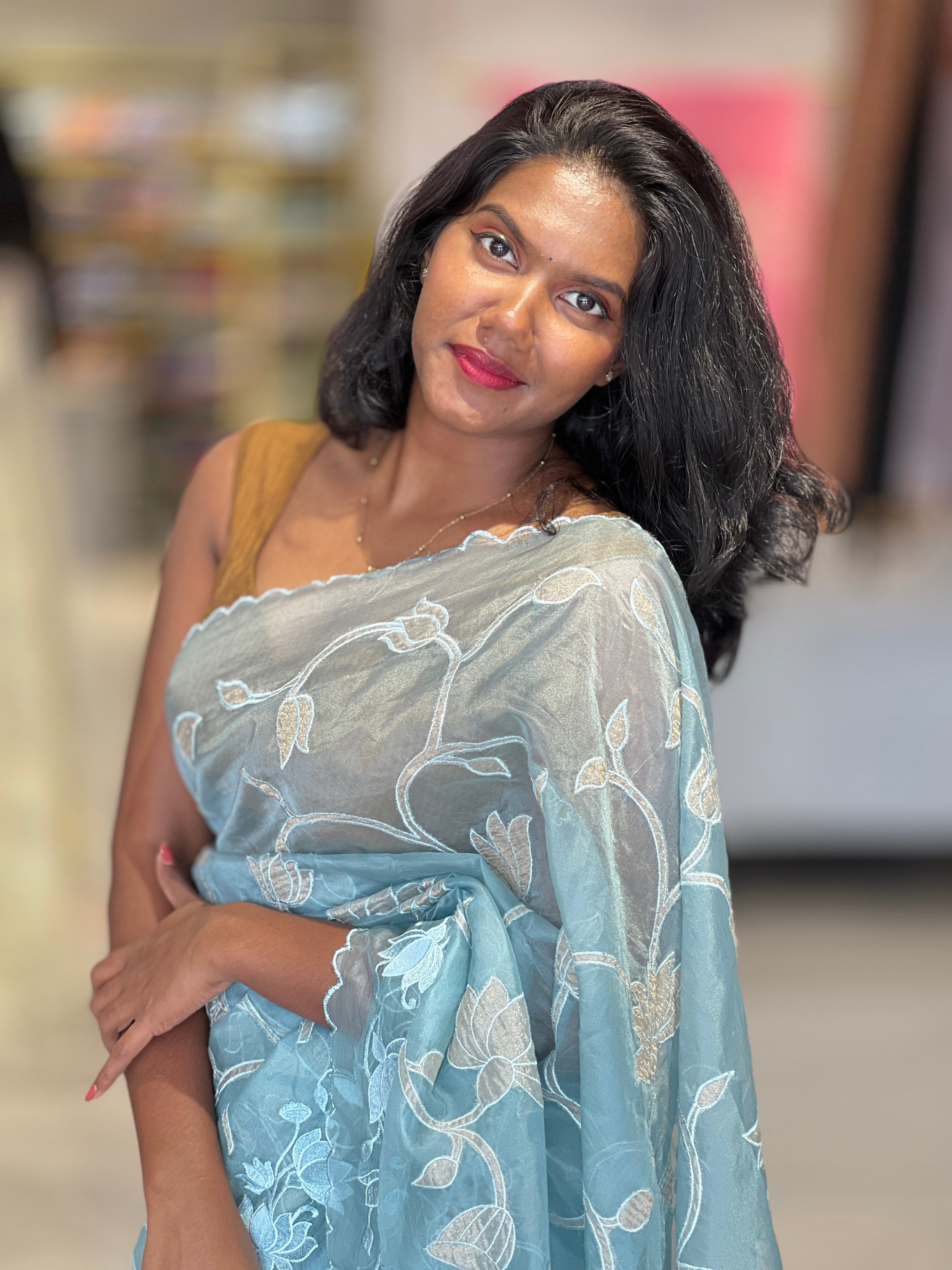 Floral Applique Work Detailed Organza Saree | MM143
