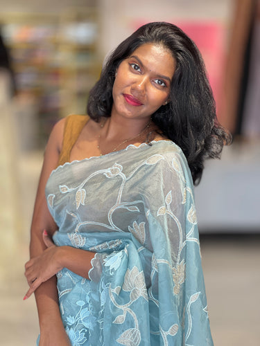 Floral Applique Work Detailed Organza Saree | MM143