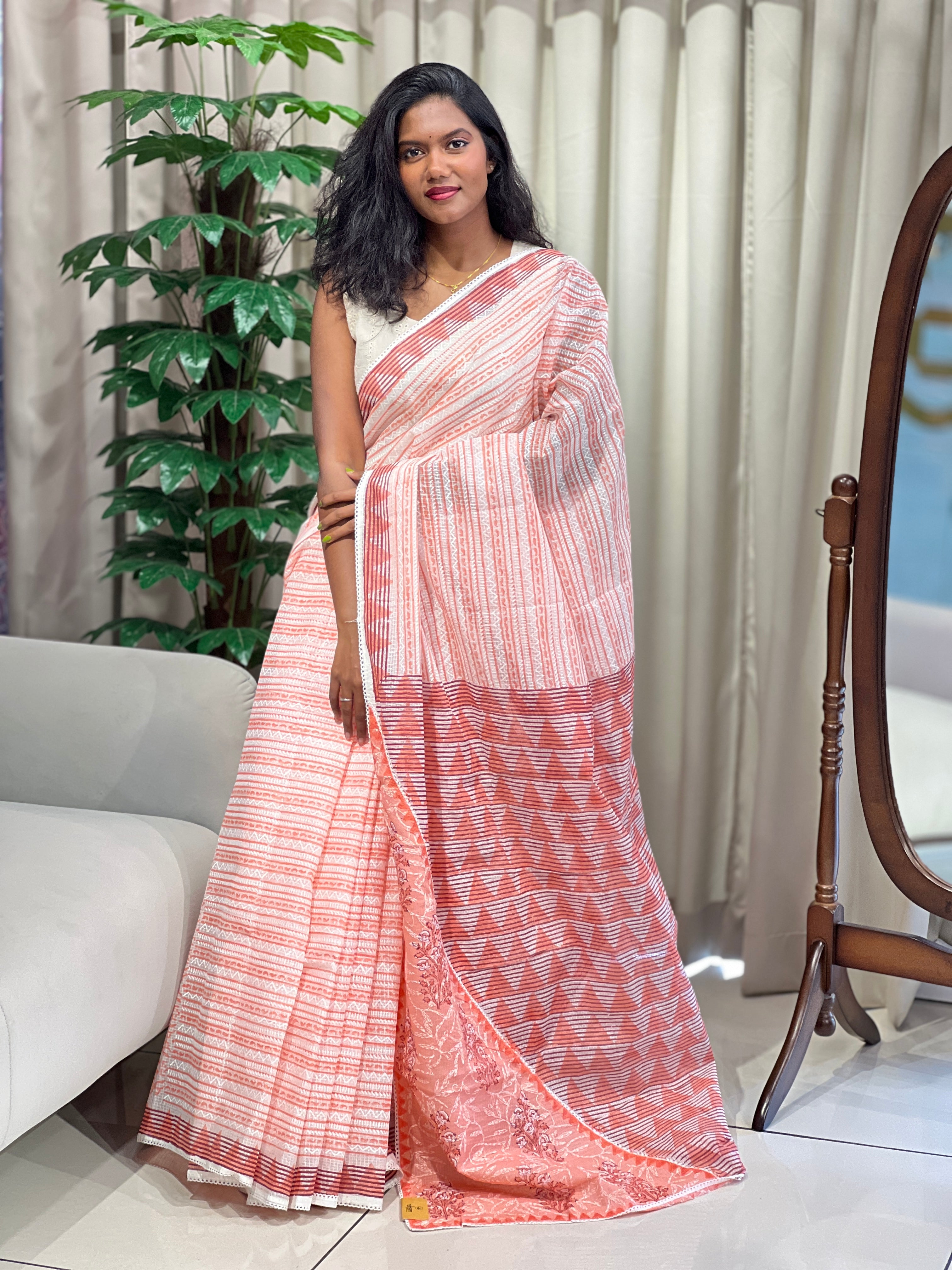Block Printed Muga Check Organza Saree | PF1215