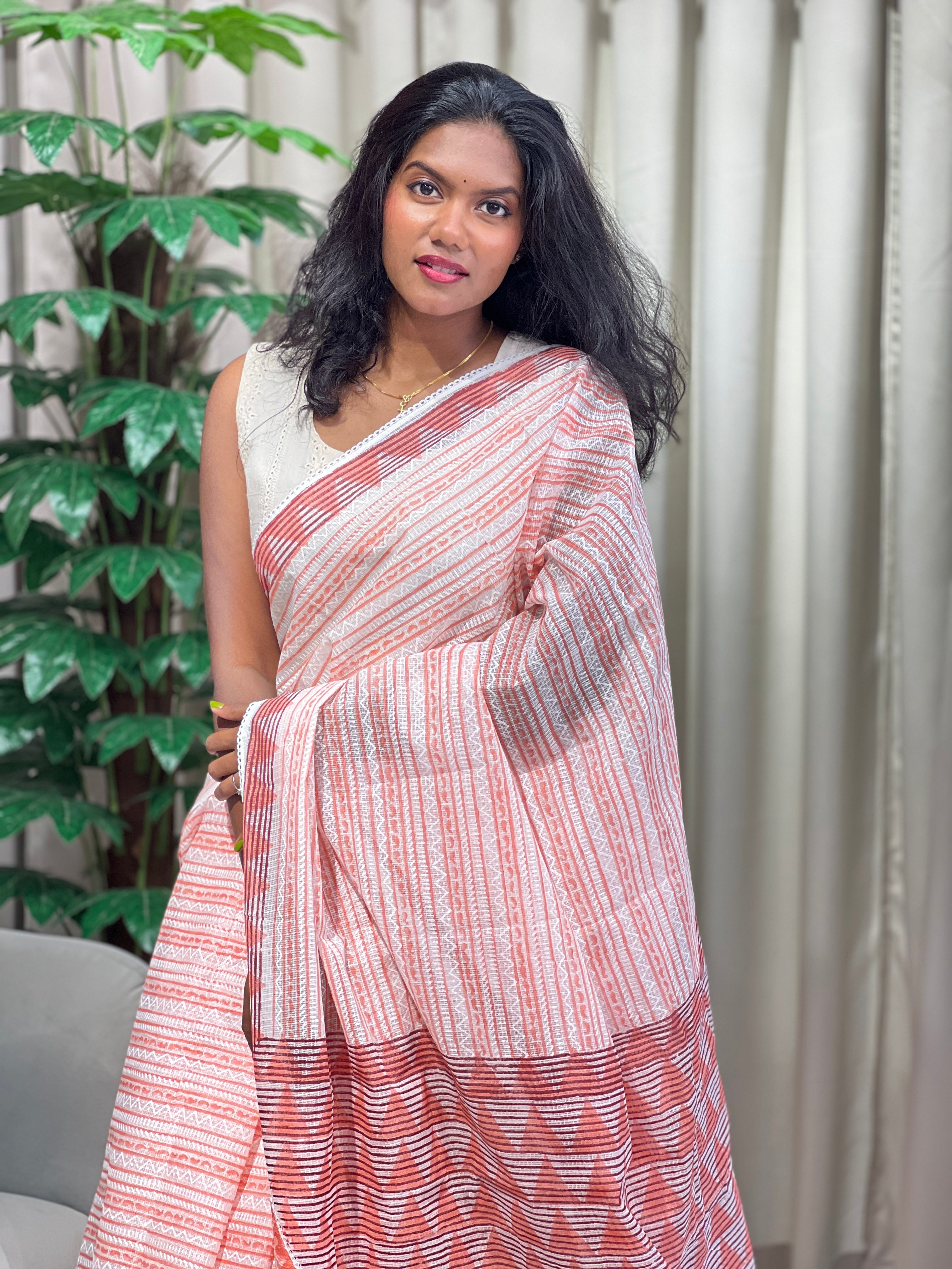 Block Printed Muga Check Organza Saree | PF1215