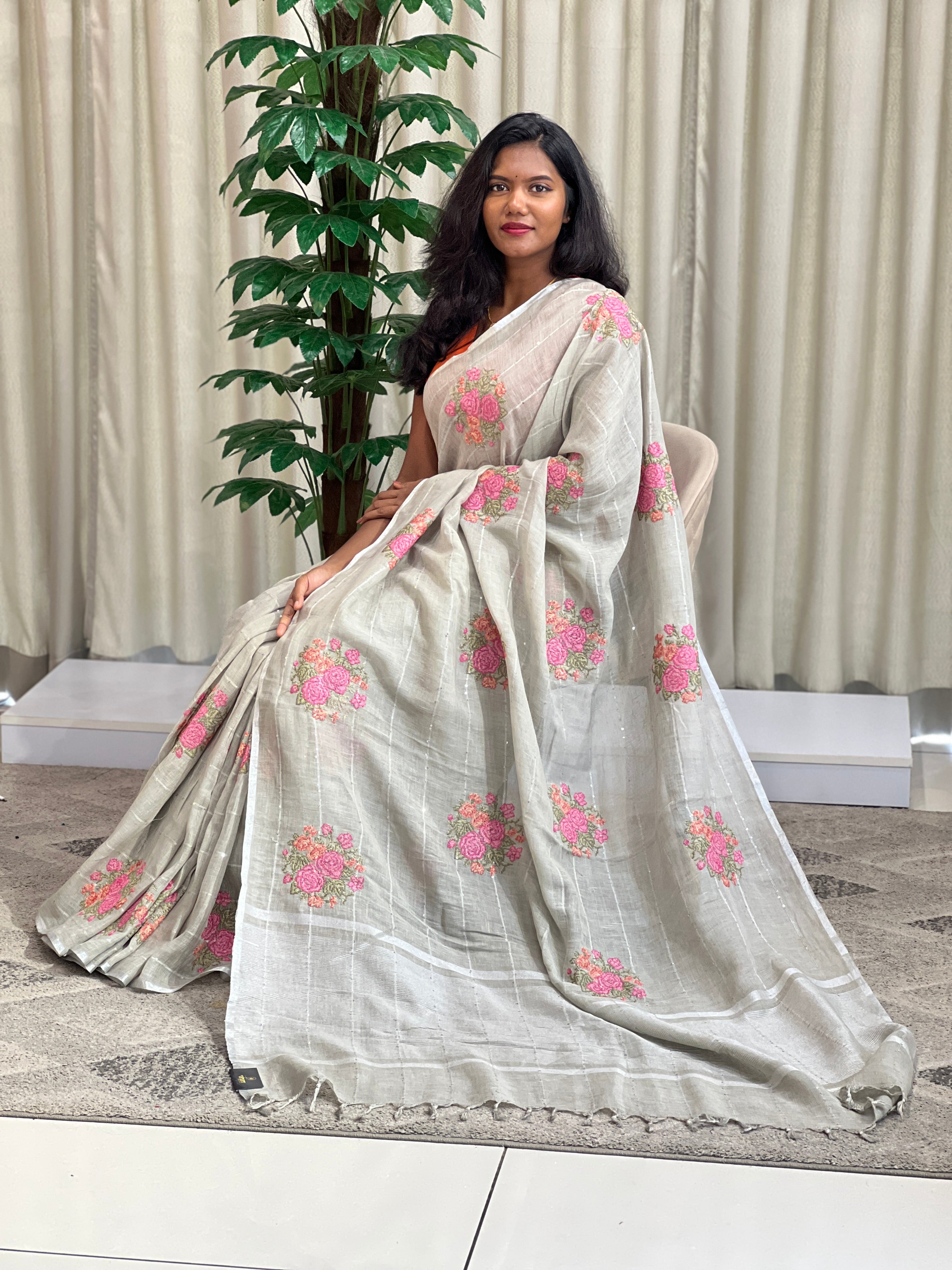 Cross Stitch Pattern Linen Saree | YNG1546