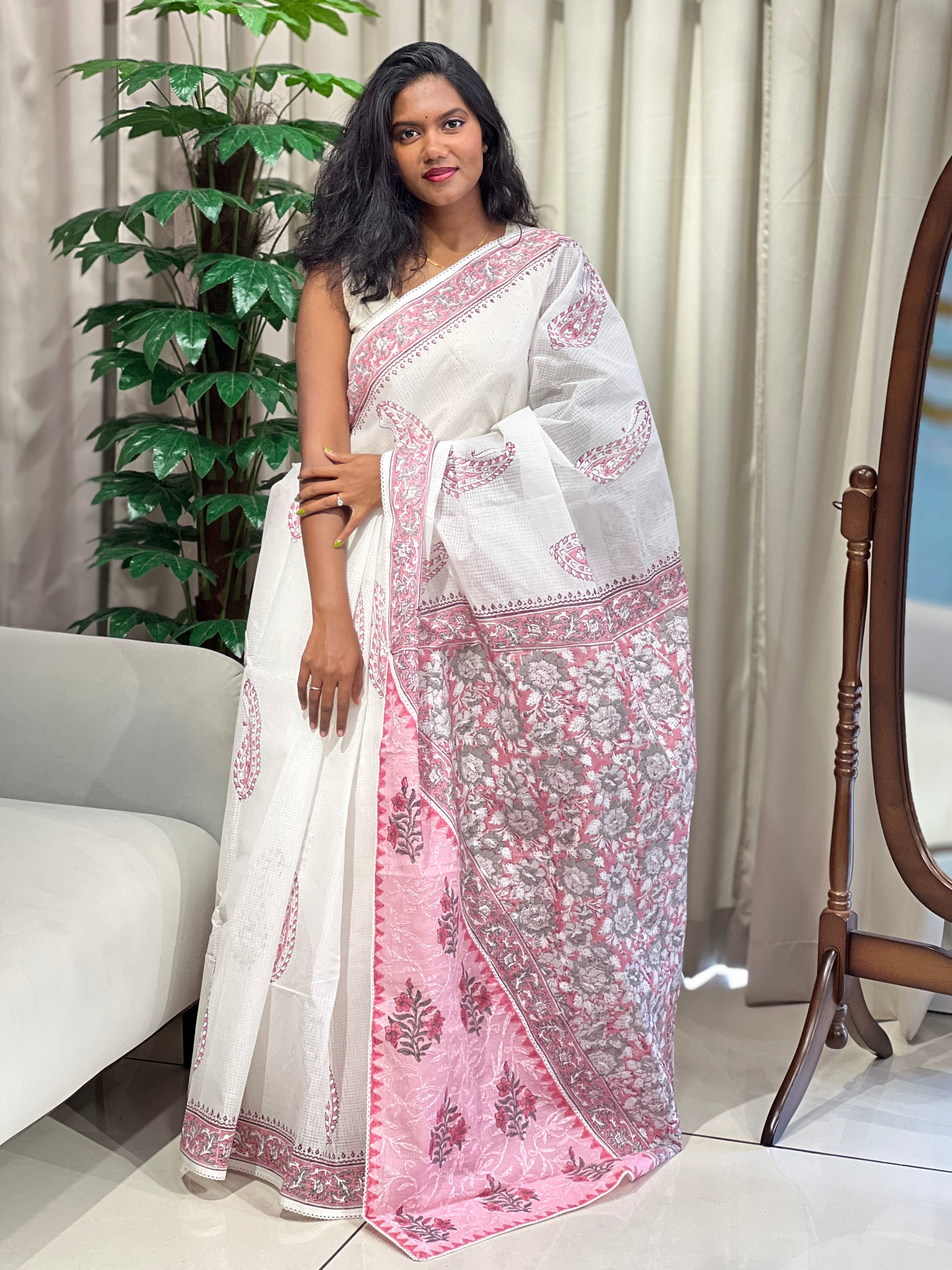 Paisley Printed Muga Check Organza Saree | PF1217