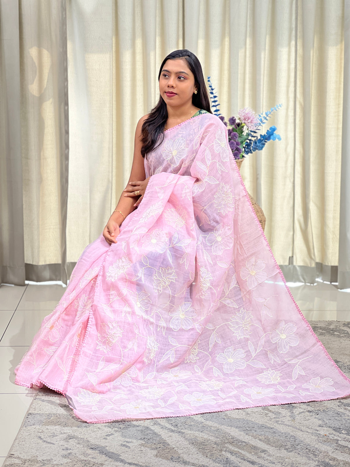 Applique Floral Pattern Linen Saree | RP902