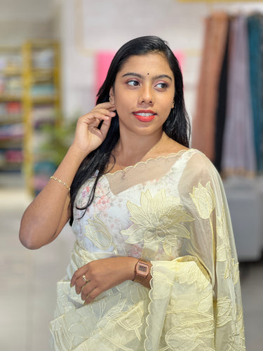 Floral and Bird Applique Work Detailed Organza Saree | MM145