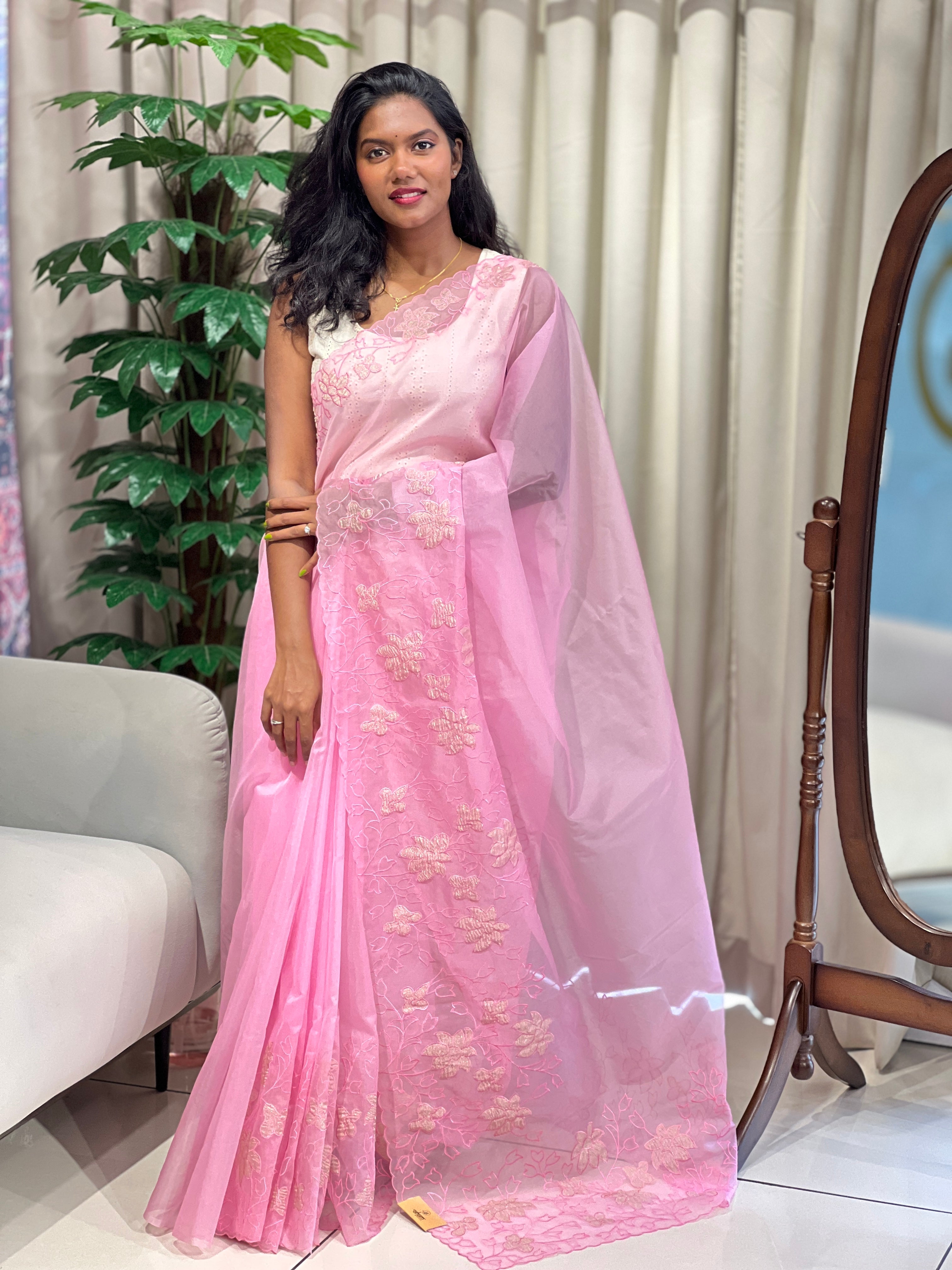 Floral Applique Work Detailed Organza Saree | MM369