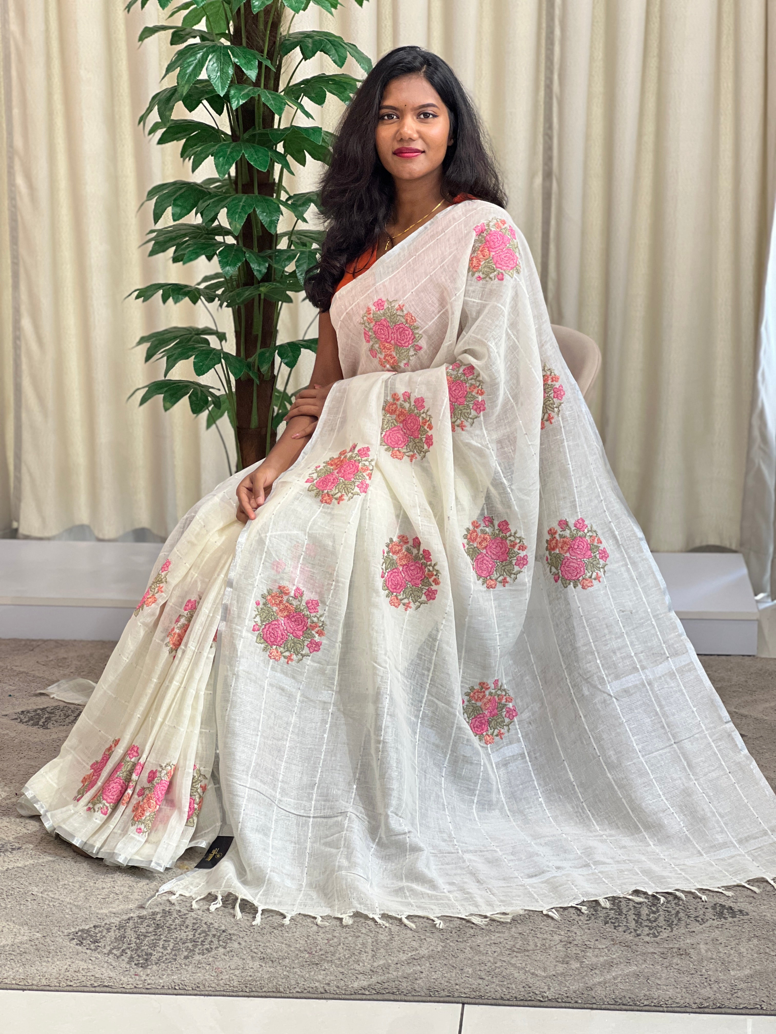 Cross Stitch Pattern Linen Saree  | YNG1545