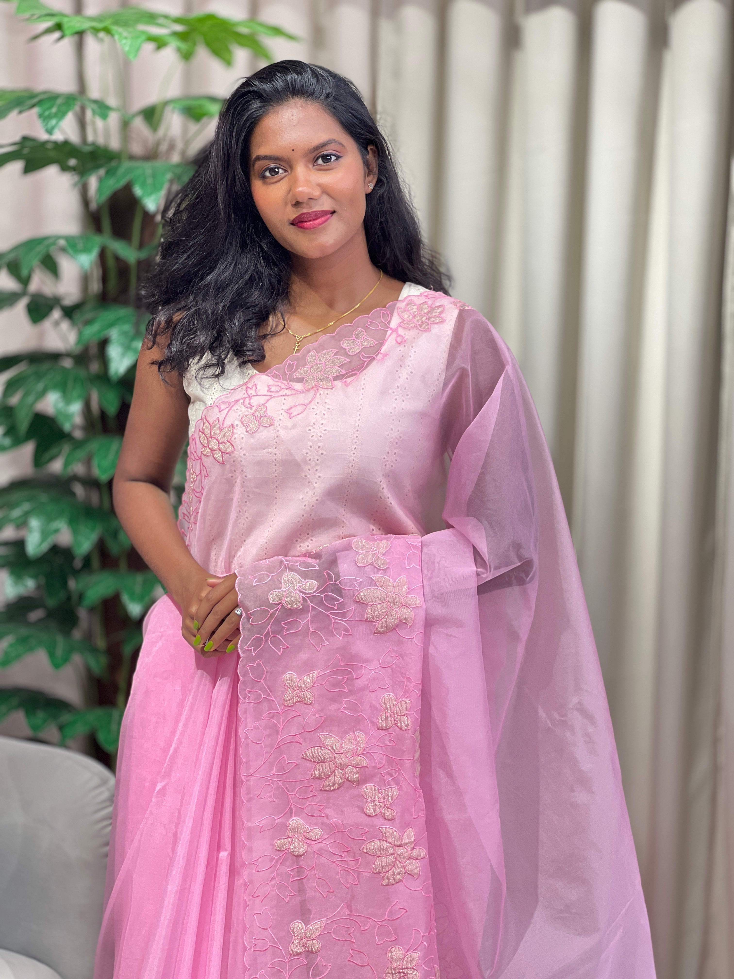 Floral Applique Work Detailed Organza Saree | MM369