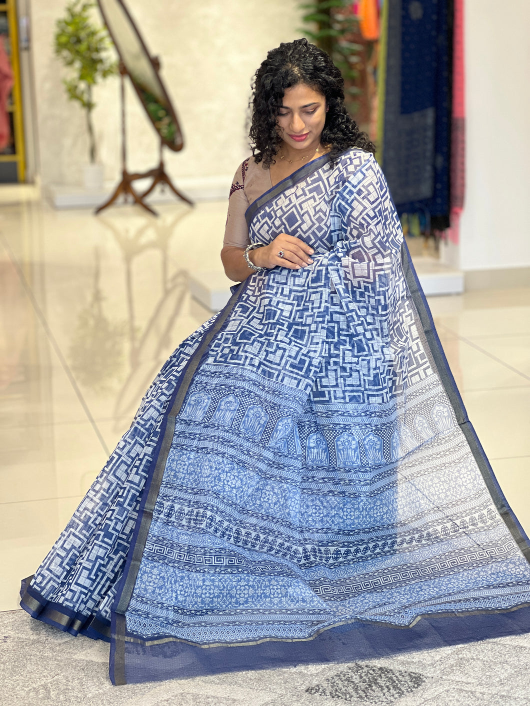 Geometric Patterned Indigo Supernet Kota Saree | LP143