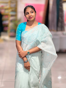 Lotus Applique Work Detailed Organza Saree | MM137