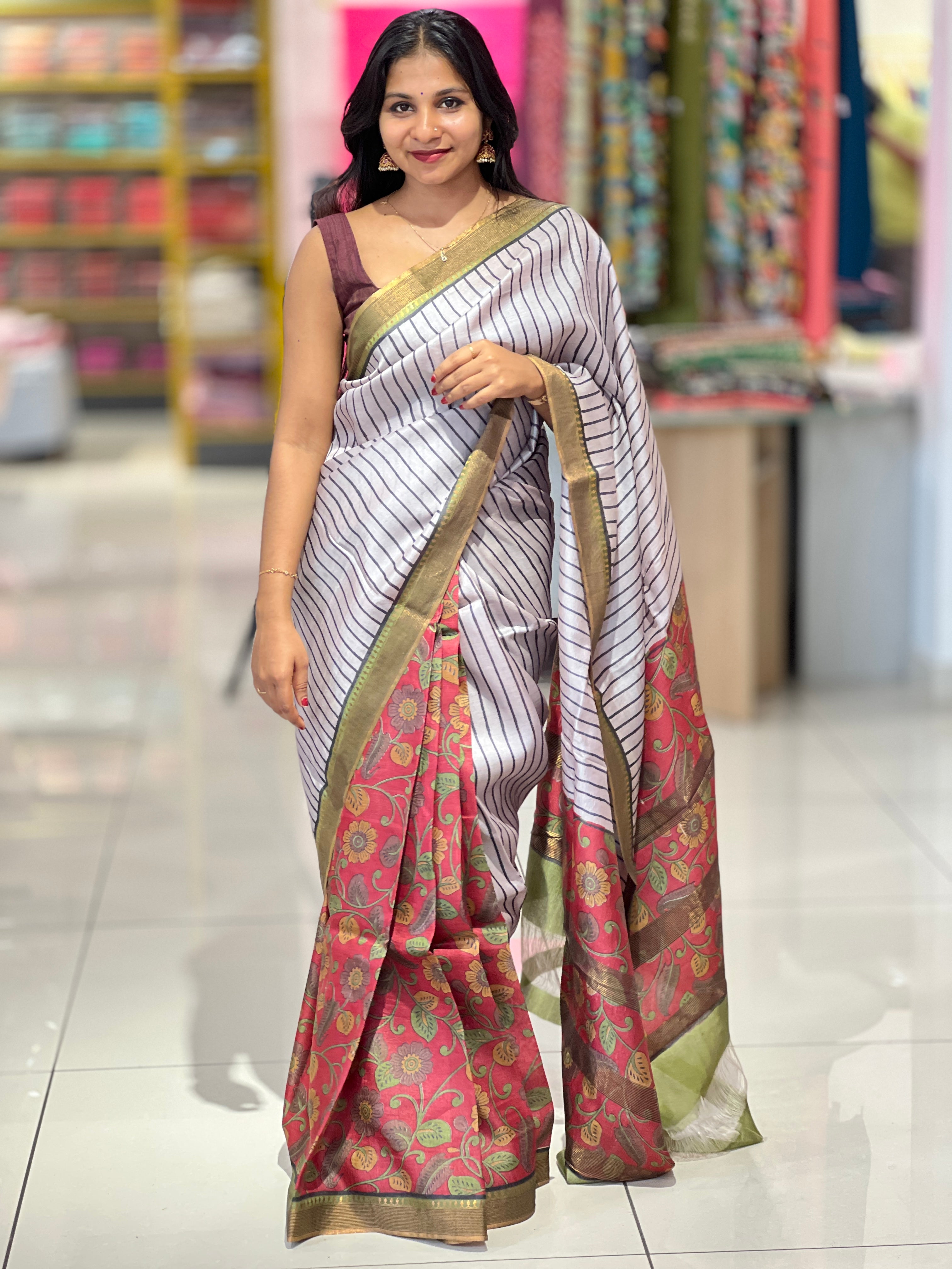 Kalamkari & Stripe Print Detailed Tussar Saree | ACT1618
