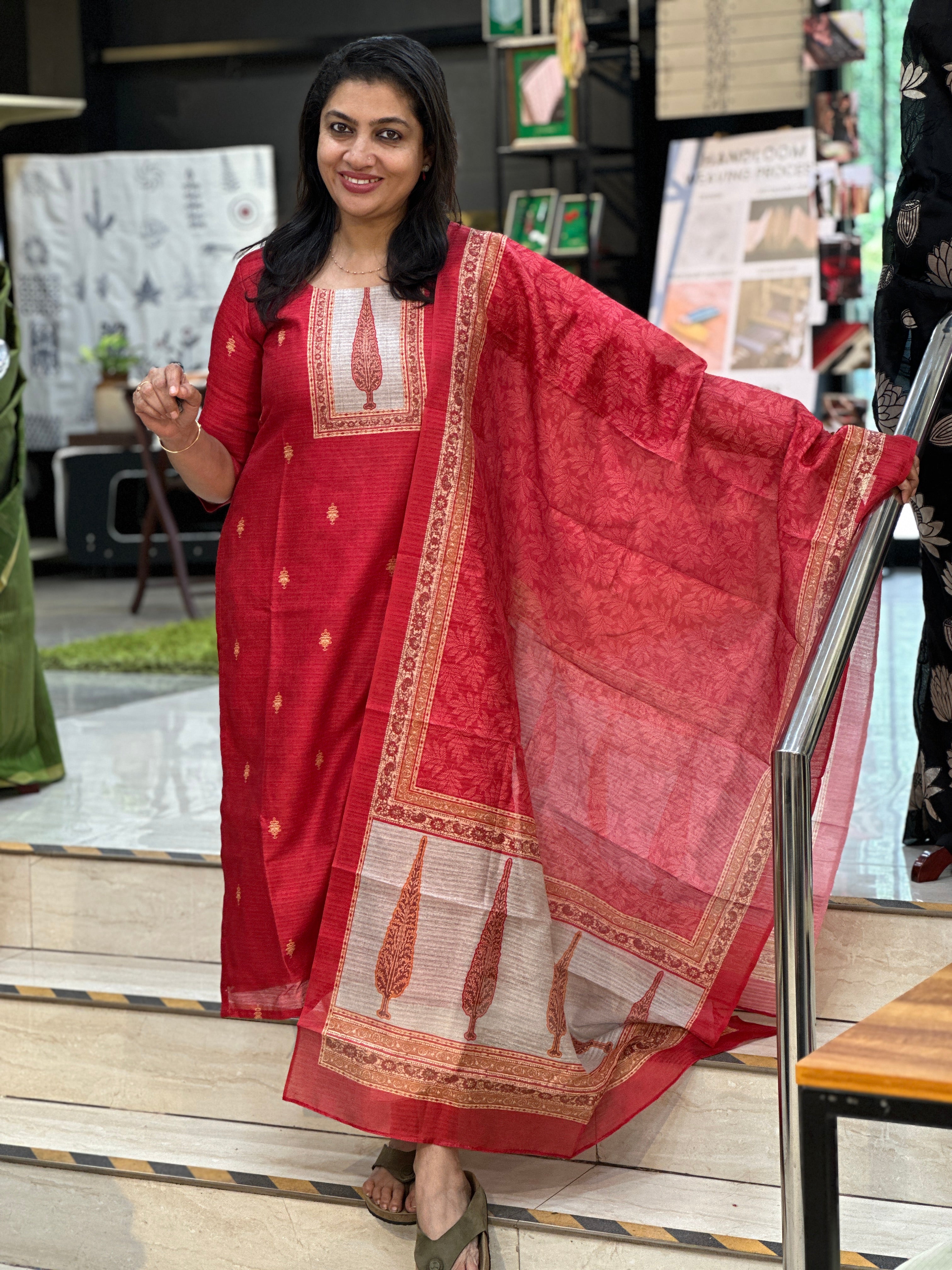 Printed Semi Tussar Unstitched Salwar Set (Without Bottom) | SSN477