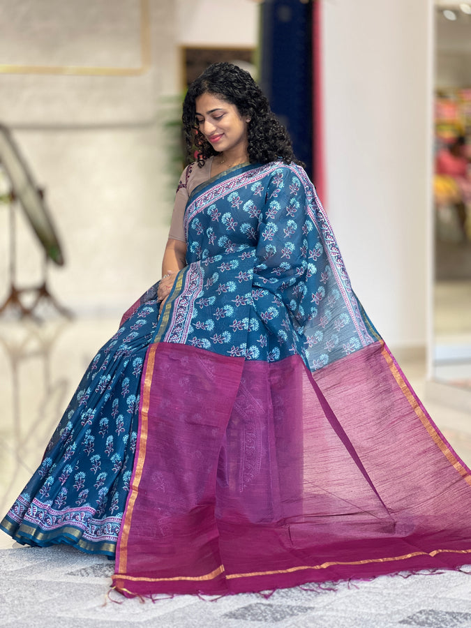 Screen Printed Bhagalpuri Linen Saree | US220