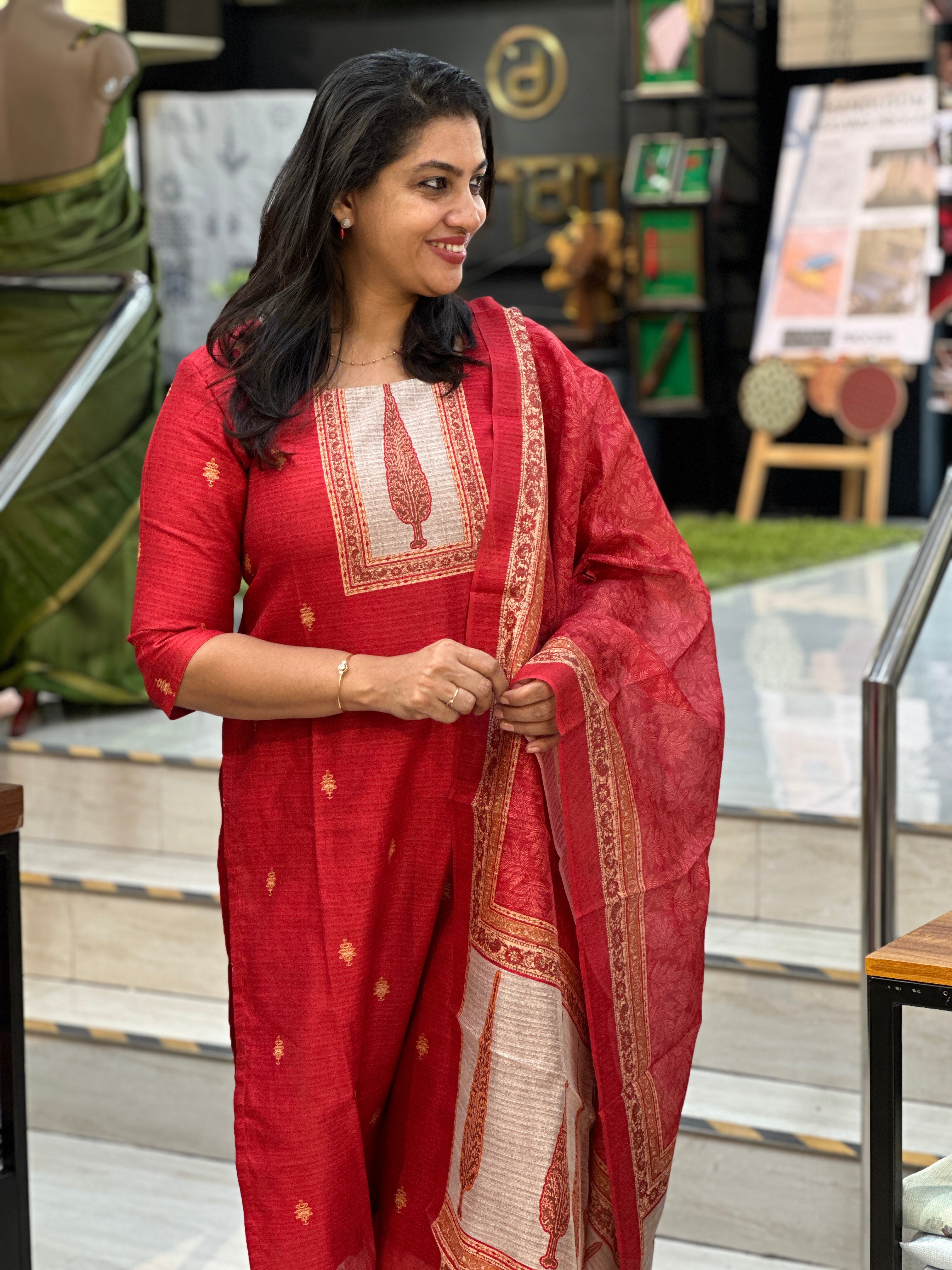 Printed Semi Tussar Unstitched Salwar Set (Without Bottom) | SSN477