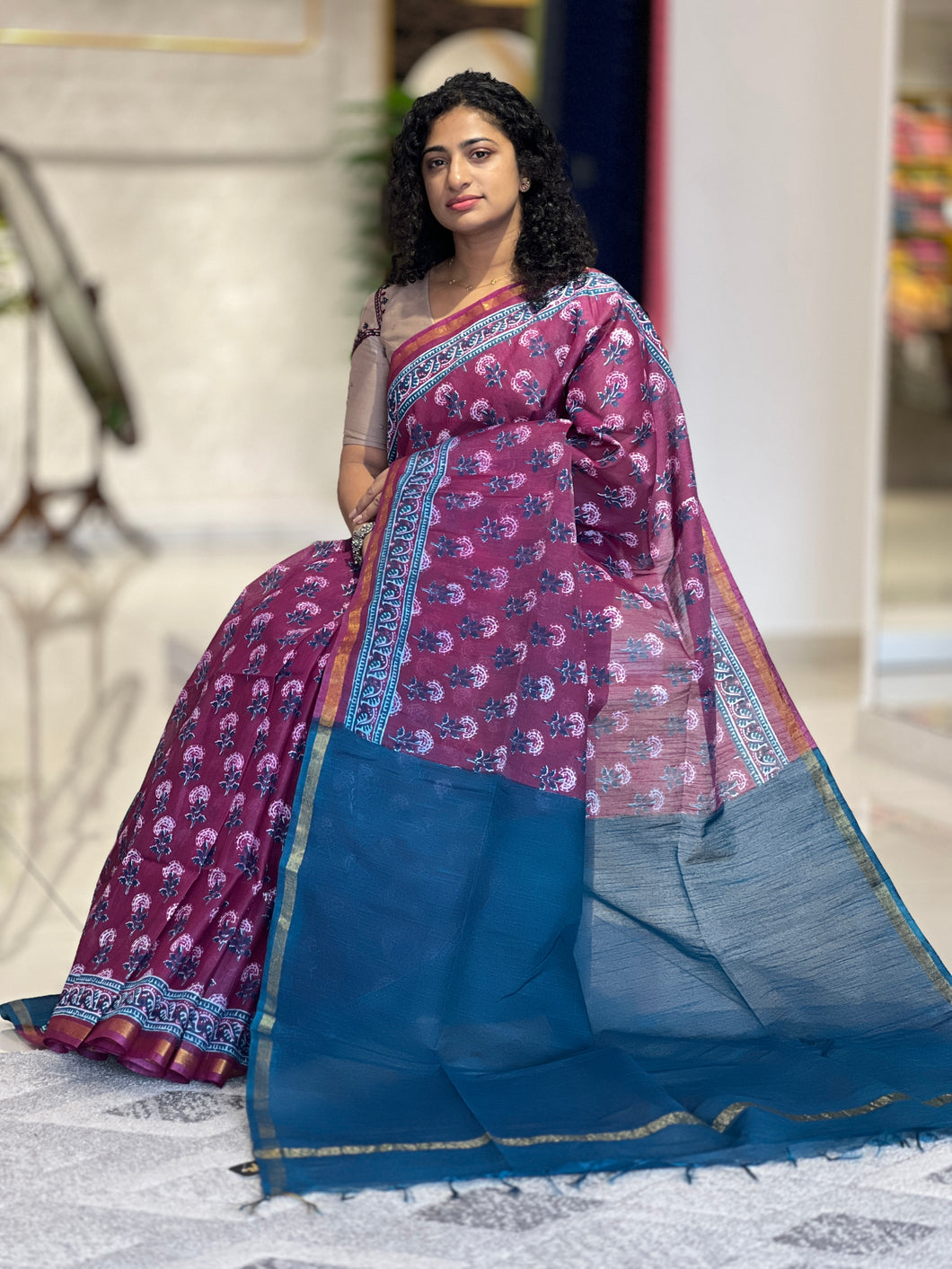 Screen Printed Bhagalpuri Linen Saree | US218