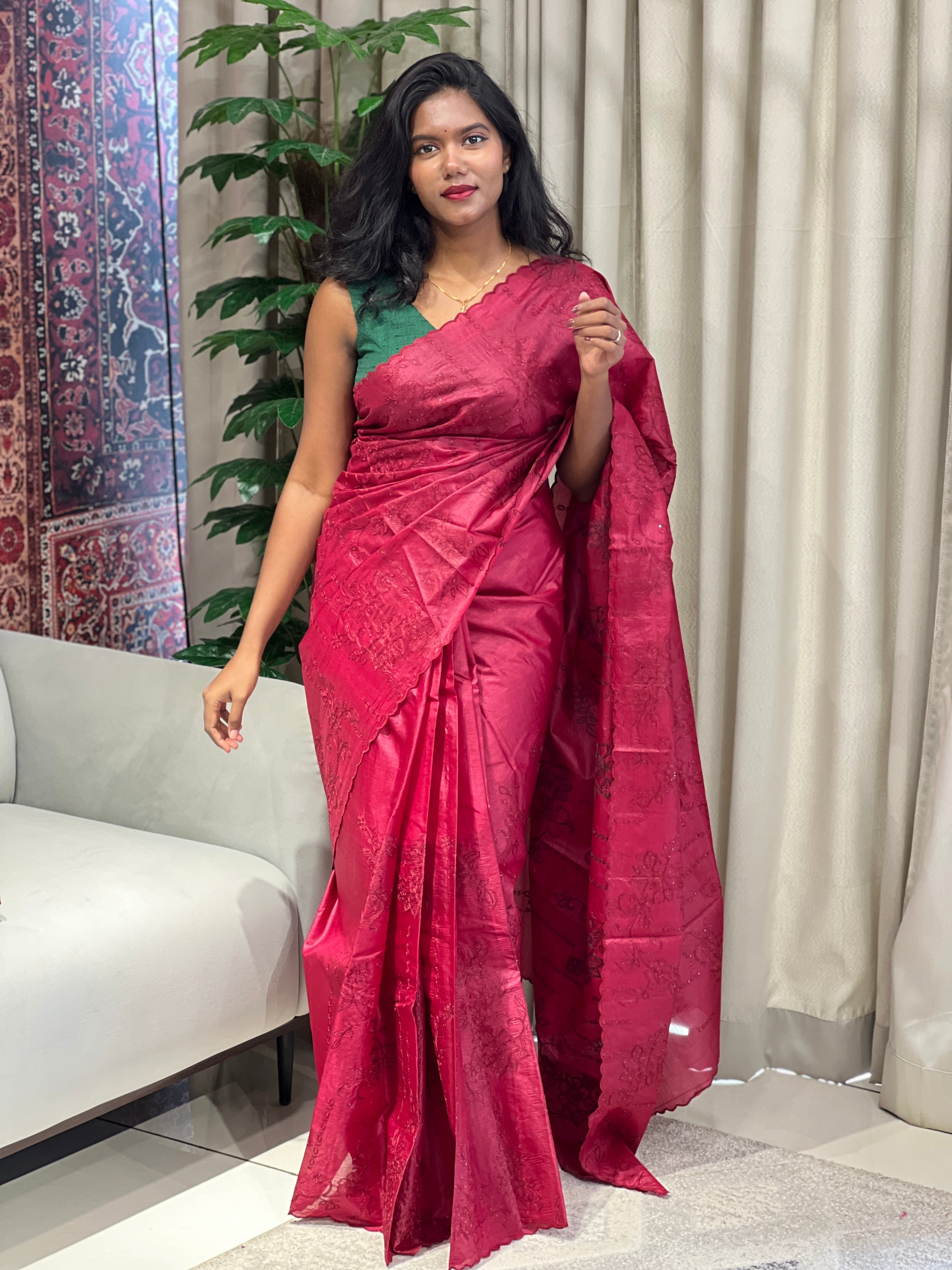 Floral Machine Embroidery Pure Tussar Saree | YNG676