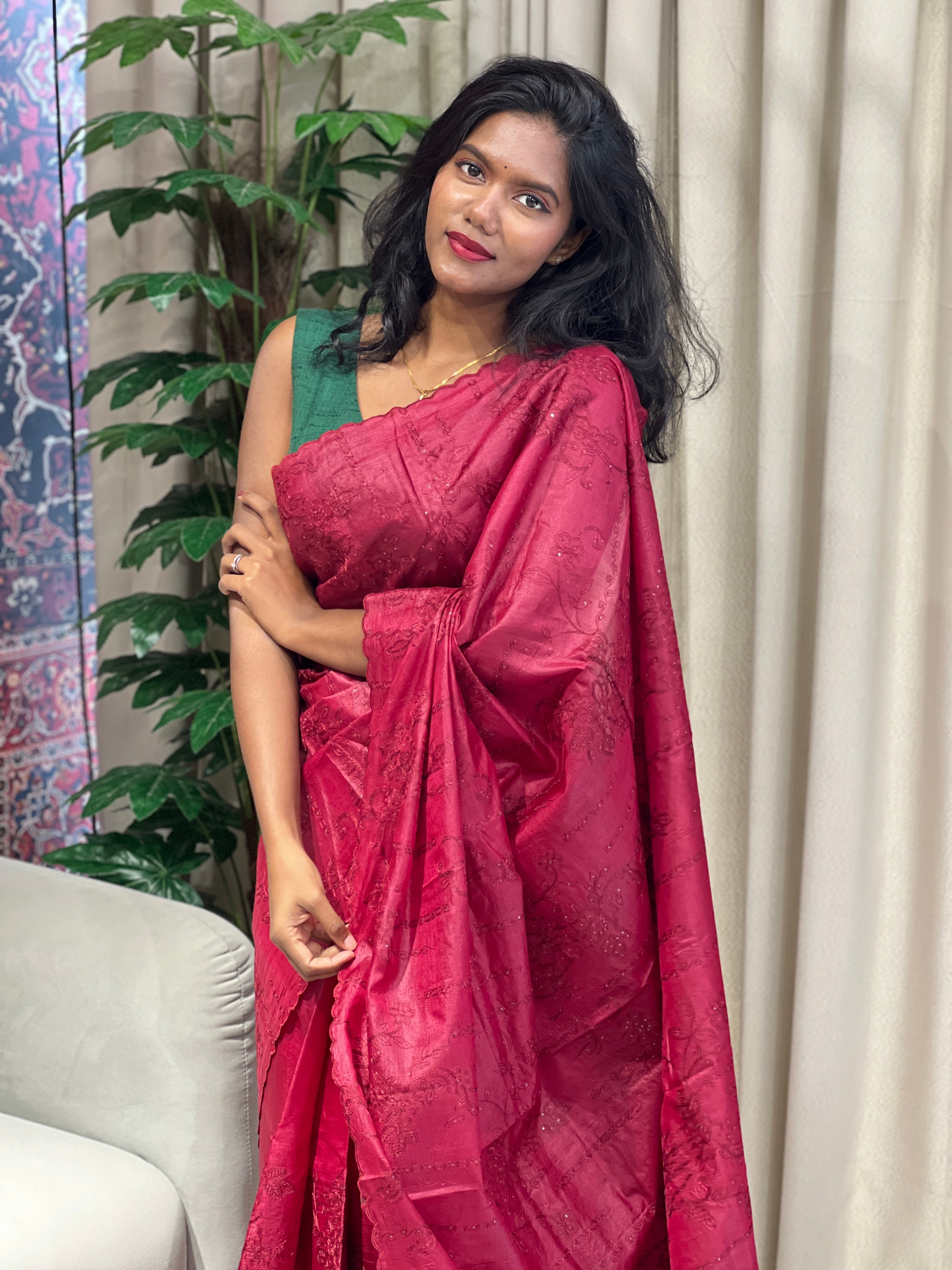 Floral Machine Embroidery Pure Tussar Saree | YNG676