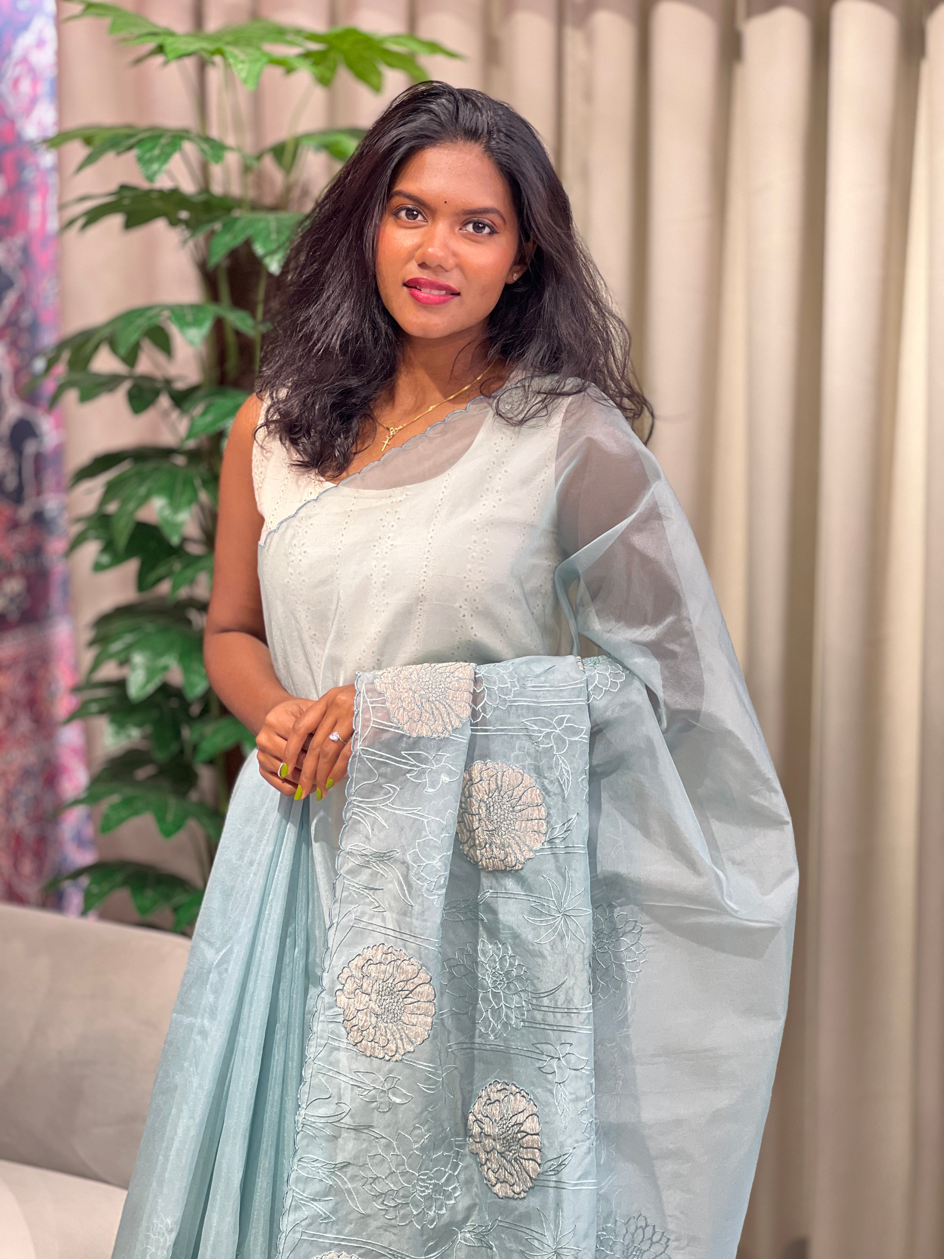 Floral Applique Work Detailed Organza Saree | MM370