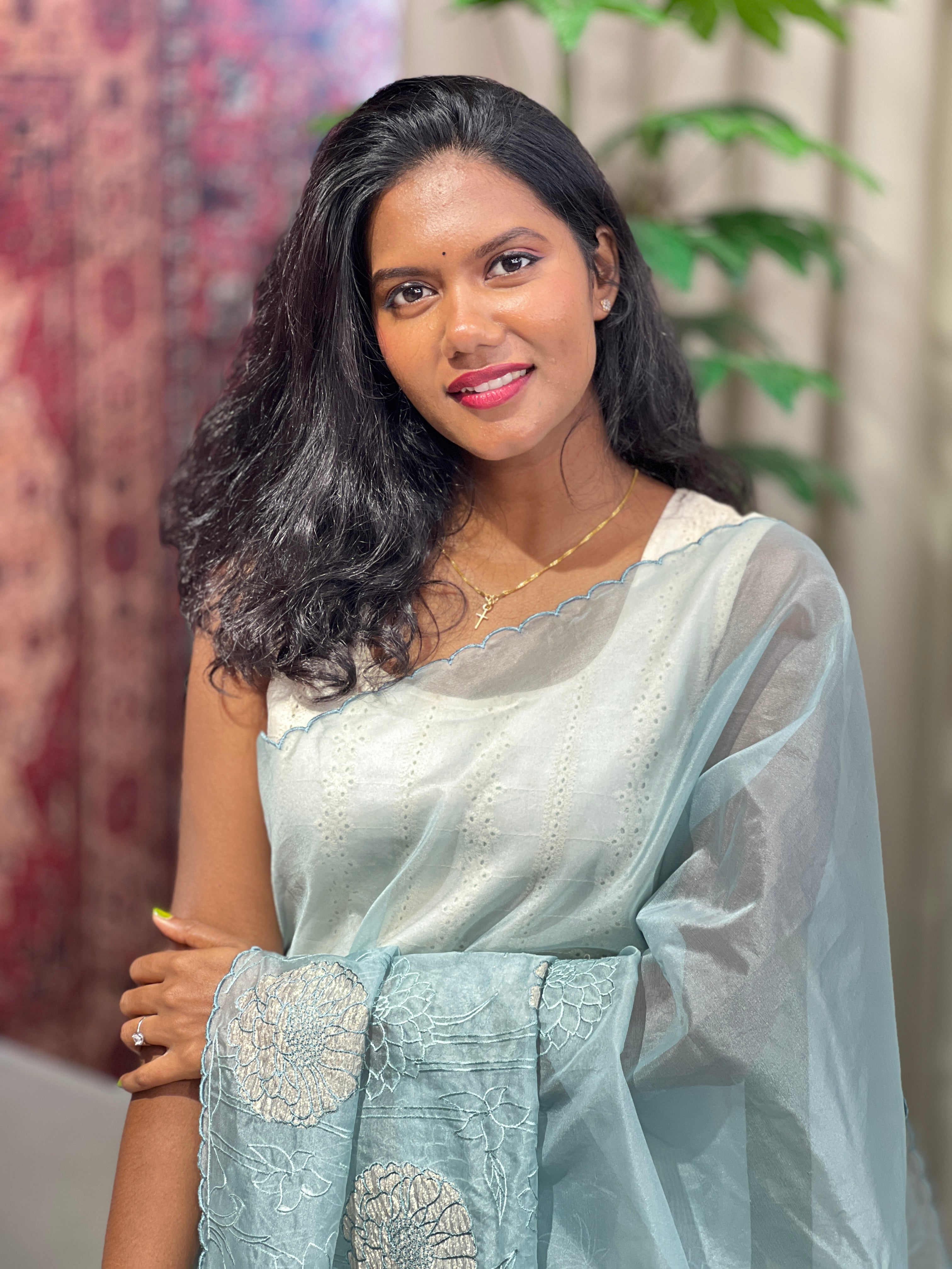 Floral Applique Work Detailed Organza Saree | MM370