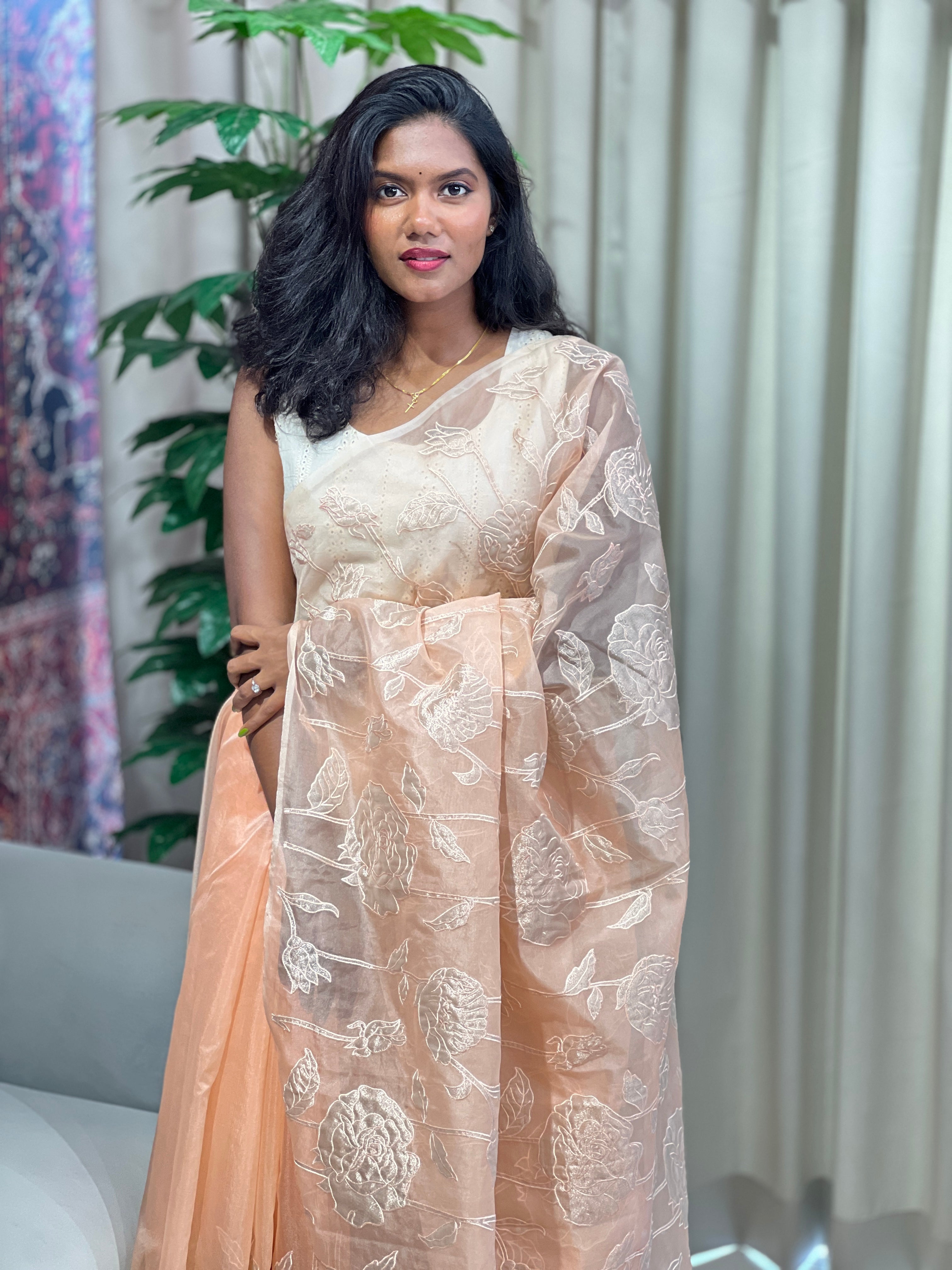 Floral Applique Detailed Organza Saree | MM361