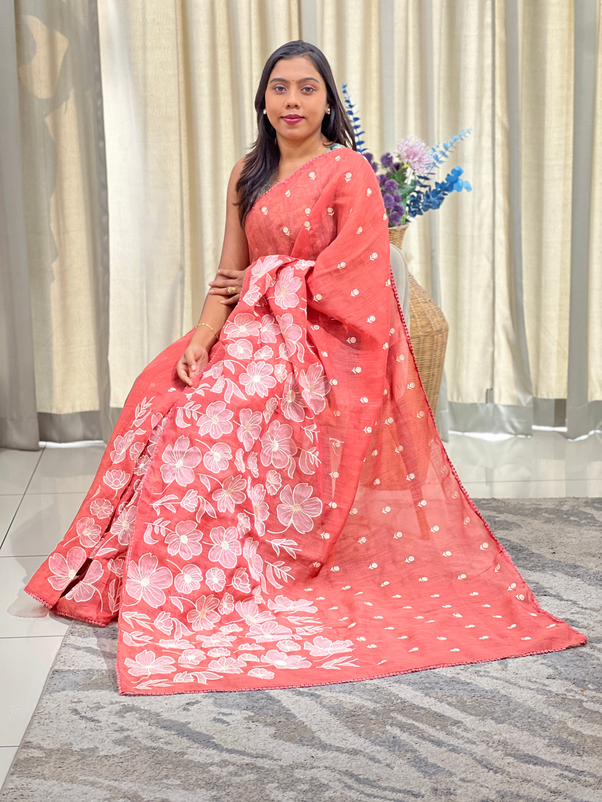 Point Embroidered Bhagalpuri Linen Saree | RP896