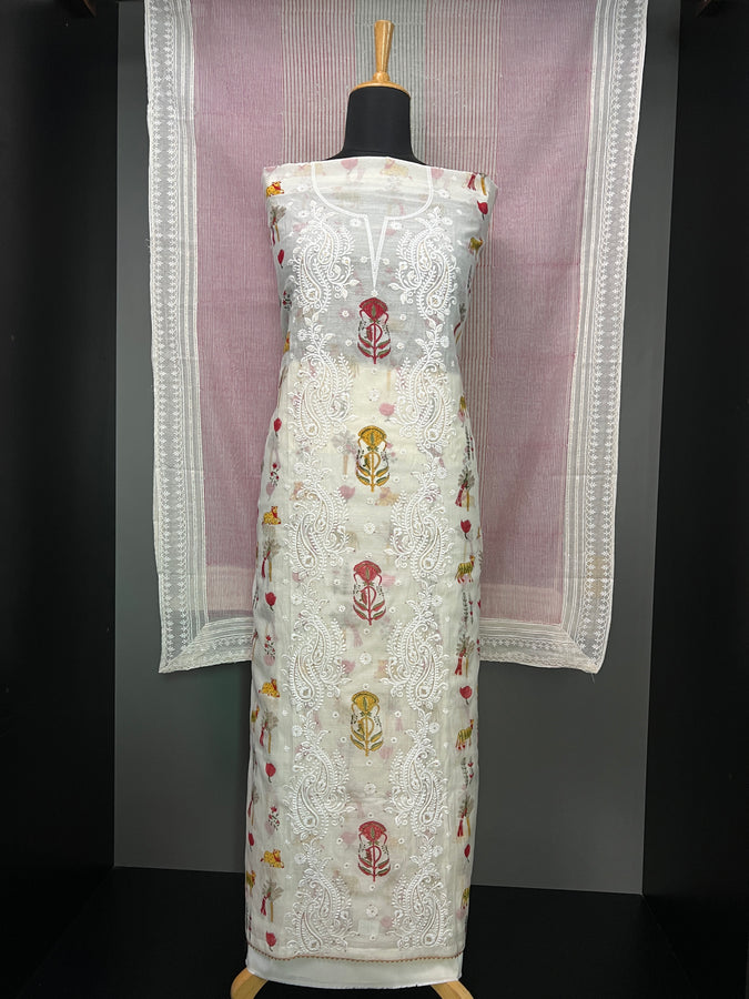 Printed Machine Embroidery Detailed Pure Chanderi Salwar Set | HE202