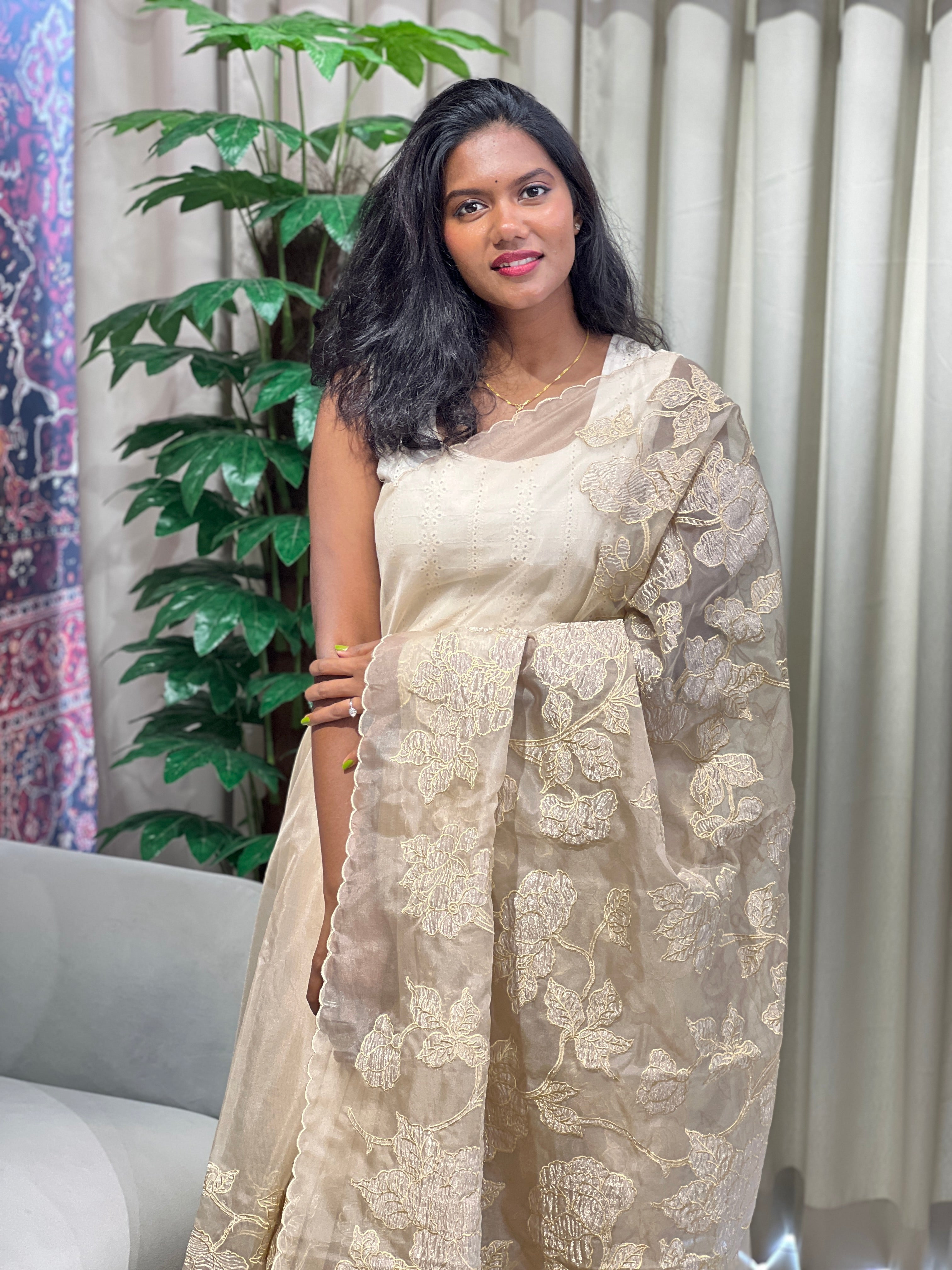 Floral Applique Tissue Organza Saree | MM331