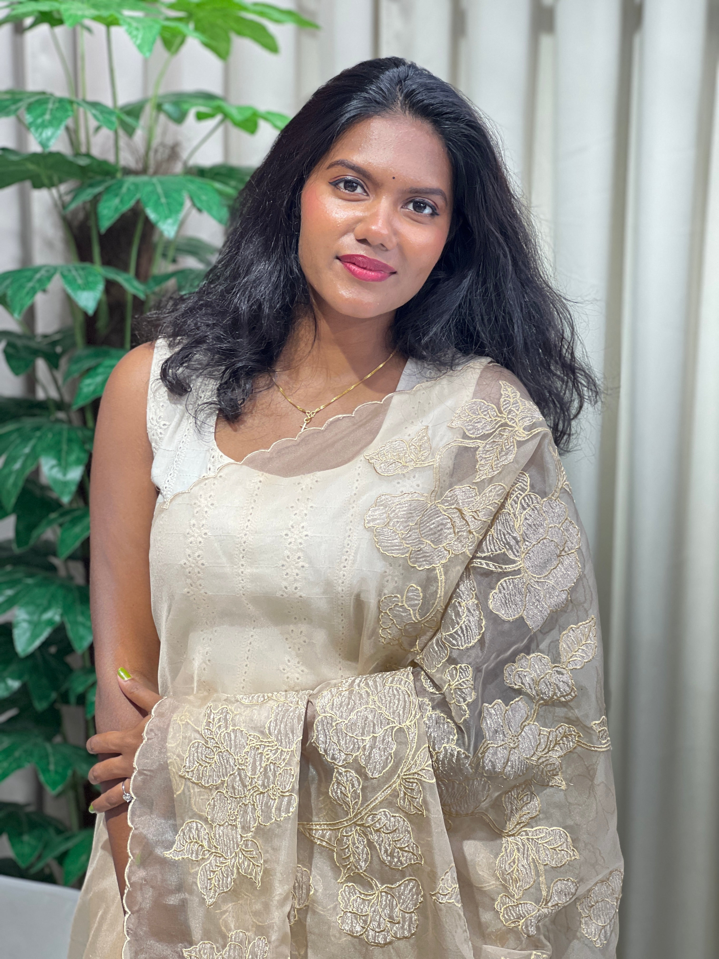 Floral Applique Tissue Organza Saree | MM331