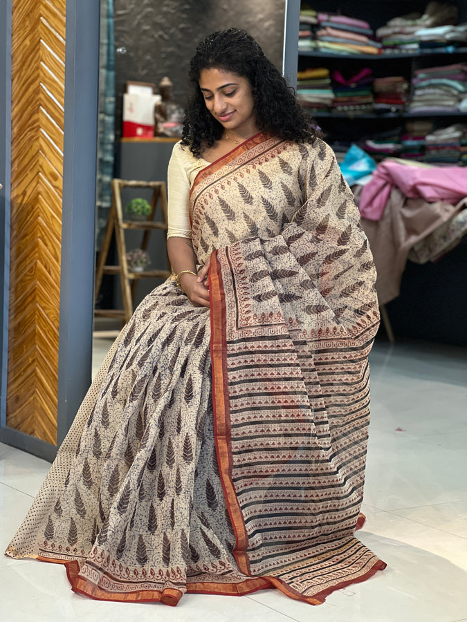 Hand Block Printed Kota Doria Saree | VFC431