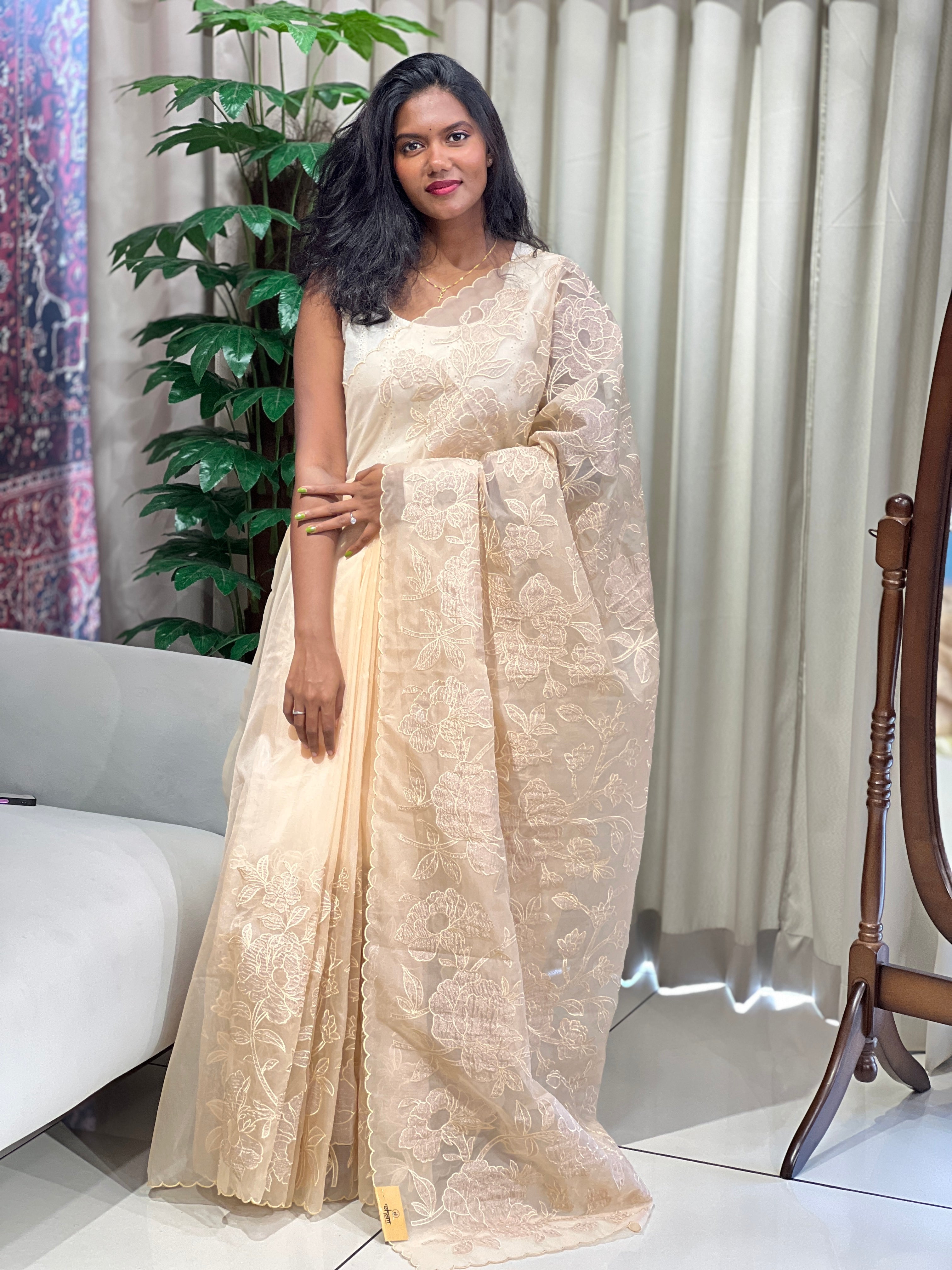 Floral Applique Tissue Organza Saree | MM332