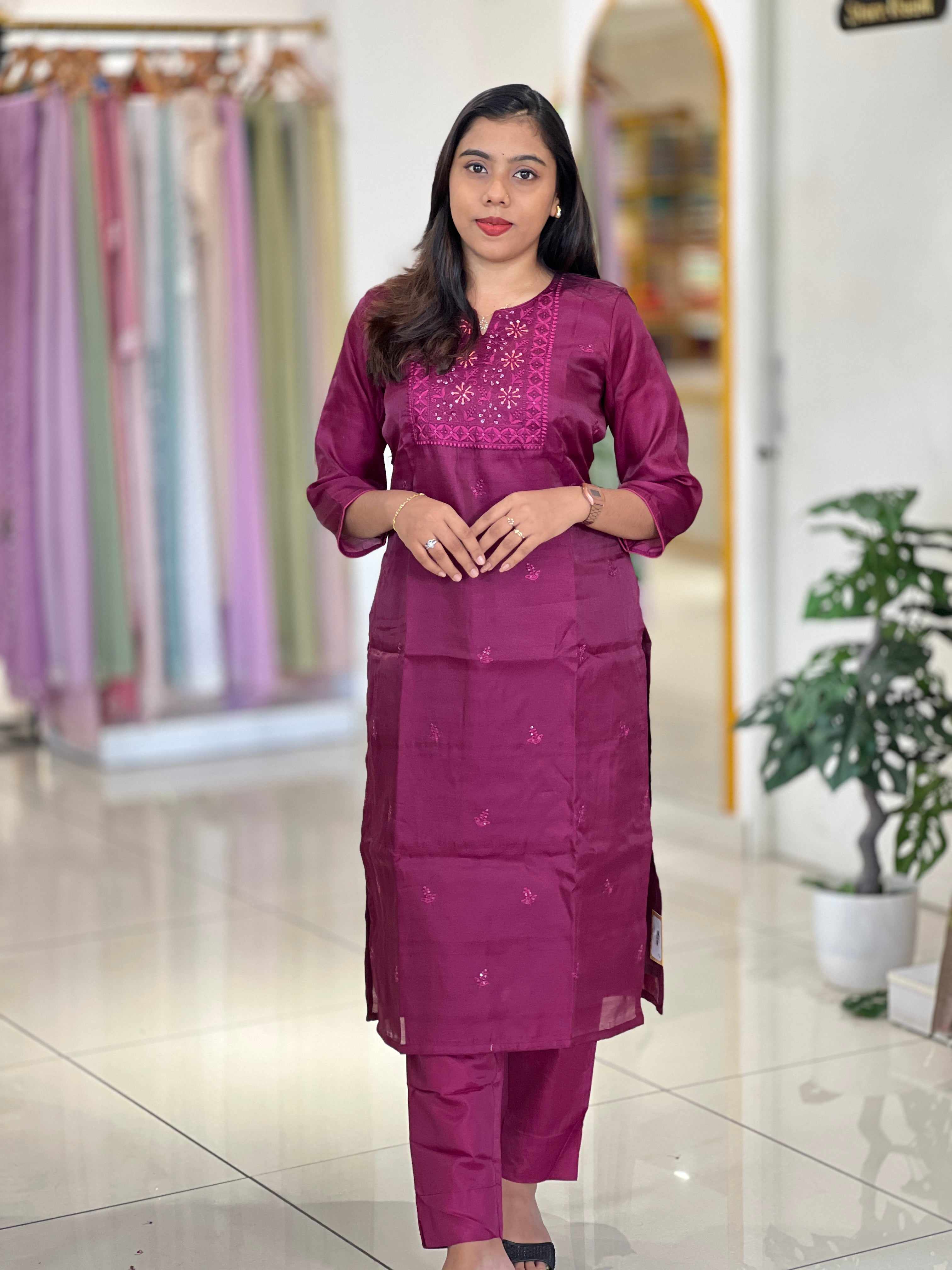 Embroidery Detailed Semi Silk Kurta Set | IHP168